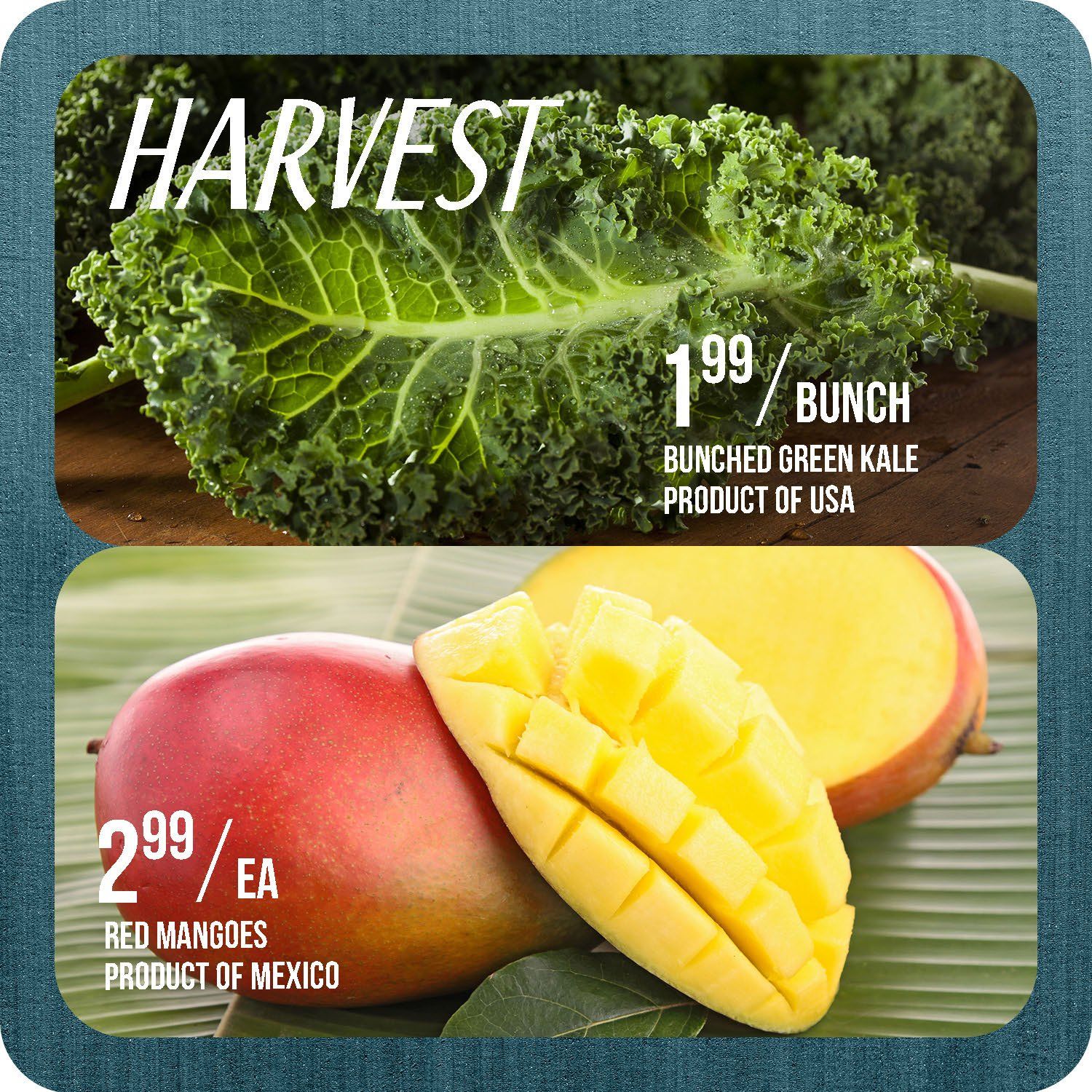 Stong's Market flyer specials page 3 features a harvest theme. Top section shows Bunched Green Kale, Product of USA, for $1.99 per bunch. Bottom section displays Red Mangoes, Product of Mexico, for $2.99 each.