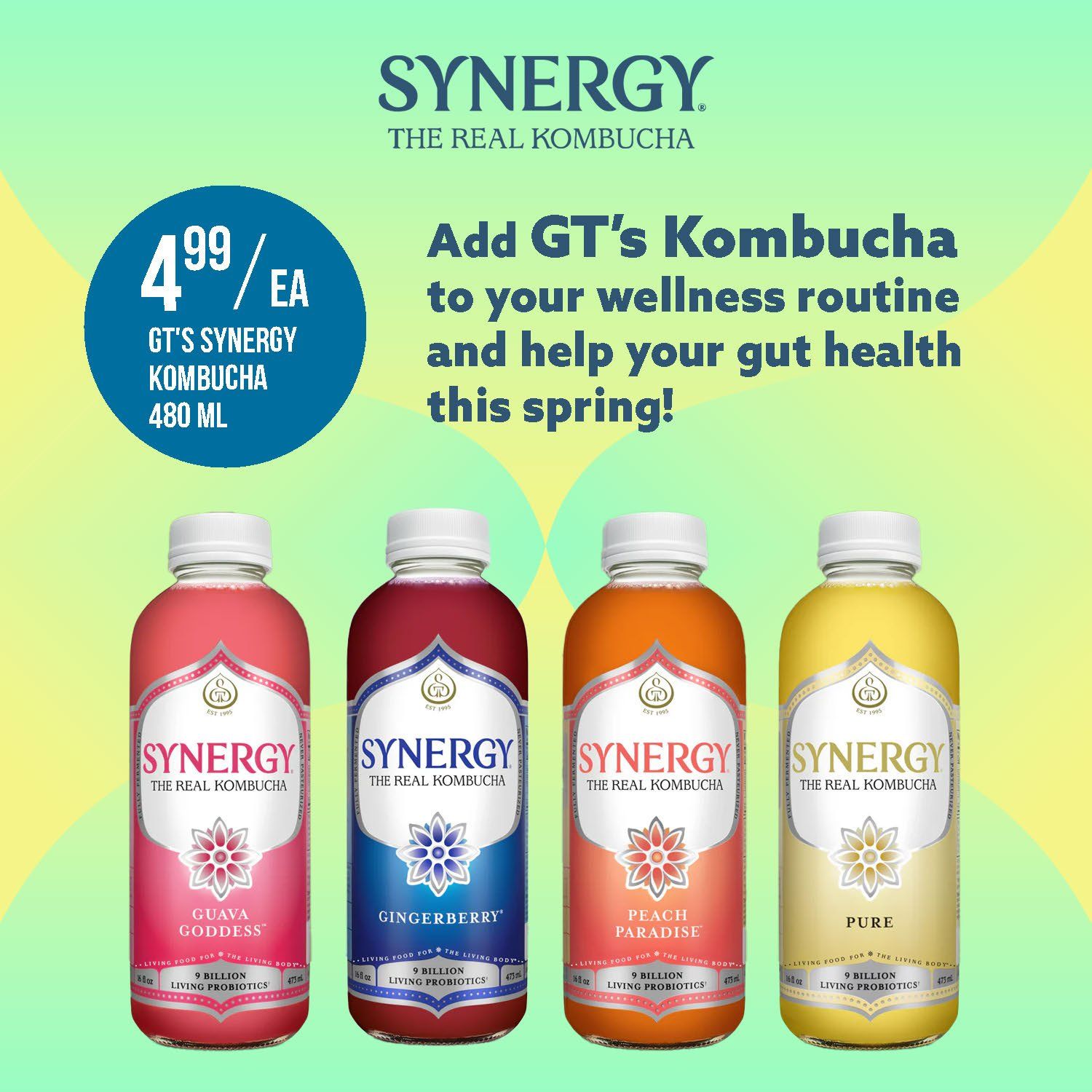Stong's Market flyer specials page 6 features GT's Synergy Kombucha 480 mL for $4.99 each. Add GT's Kombucha to your wellness routine and help your gut health this spring! Available flavours include Guava Goddess, Gingerberry, Peach Paradise, and Pure. Each bottle contains 9 billion living probiotics.