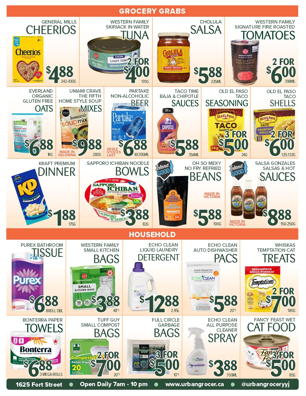 Urban Grocer Weekly Flyer Specials Page 2. Grocery Grabs section features General Mills Cheerios cereal for $4.88, Western Family Skipjack in Water Tuna 2 for $4.00, Cholula Salsa for $5.88, and Western Family Signature Fire Roasted Tomatoes 2 for $6.00. Also available are Everland Organic Gluten Free Oats for $6.88, Umami Crave The Fifth Home Style Soup Mixes for $9.88, Partake Non-Alcoholic Beer 4x355ml for $6.88, Taco Time Baja & Chipotle Sauces for $5.88, Old El Paso Taco Seasoning 3 for $5.00, and Old El Paso Taco Crunchy Shells 2 for $6.00. Kraft Premium Dinner is $1.88, Sapporo Ichiban Noodle Bowls are $3.88, Oh So Mexy No Fry Refried Beans are $5.88, and Salsa Gonzales Salsas & Hot Sauces are $8.88. The Household section includes Purex Bathroom Tissue 8 roll double for $6.88, Western Family Small Kitchen Bags 48's for $3.88, Echo Clean Liquid Laundry Detergent 2.95L for $12.88, Echo Clean Auto Dishwasher Pacs 20's for $5.88, and Whiskas Temptation Cat Treats Mega Pack 180g 2 for $7.00. Bonterra Paper Towels 3 mega rolls are $6.88, Tuff Guy Small Compost Bags 20's 2 for $7.00, Full Circle Garbage Bags 10's 3 for $5.00, Echo Clean All Purpose Cleaner Spray 700mL for $3.88, and Fancy Feast Wet Cat Food 85g 3 for $5.00.