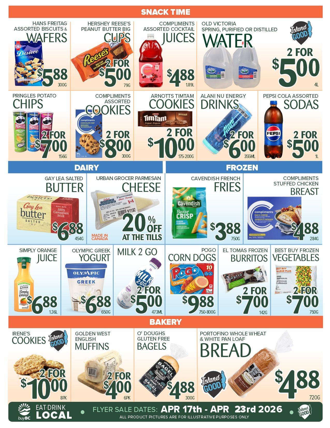 Urban Grocer weekly flyer specials page 3. Snack Time features Hans Freitag Assorted Biscuits & Wafers for $5.88, Hershey's Reese's Peanut Butter Big Cups 2 for $5.00, Compliments Assorted Cocktail Juices for $4.88, and Old Victoria Spring, Purified or Distilled Water 2 for $5.00. Also available are Pringles Potato Chips 2 for $7.00, Compliments Assorted Cookies 2 for $8.00, Arnotts Tim Tam Cookies 2 for $10.00, Alani Nu Energy Drinks 2 for $6.00, and Pepsi Cola Assorted Sodas 2 for $5.00. Dairy section includes Gay Lea Salted Butter for $6.88, Urban Grocer Parmesan Cheese with 20% off at the tills, Cavendish French Fries for $3.88, and Compliments Stuffed Chicken Breast for $4.88. Frozen items include Simply Orange Juice for $6.88, Olympic Greek Yogurt for $6.88, Milk 2 Go 2 for $5.00, Pogo Corn Dogs for $9.88, El Tomas Frozen Burritos 2 for $7.00, and Best Buy Frozen Vegetables 2 for $7.00. Bakery items are Irene's Cookies 2 for $10.00, Golden West English Muffins 2 for $4.00, O' Doughs Gluten Free Bagels for $4.88, and Portofino Whole Wheat & White Pan Loaf Bread for $4.88. Flyer sale dates are April 17th - April 23rd, 2026.