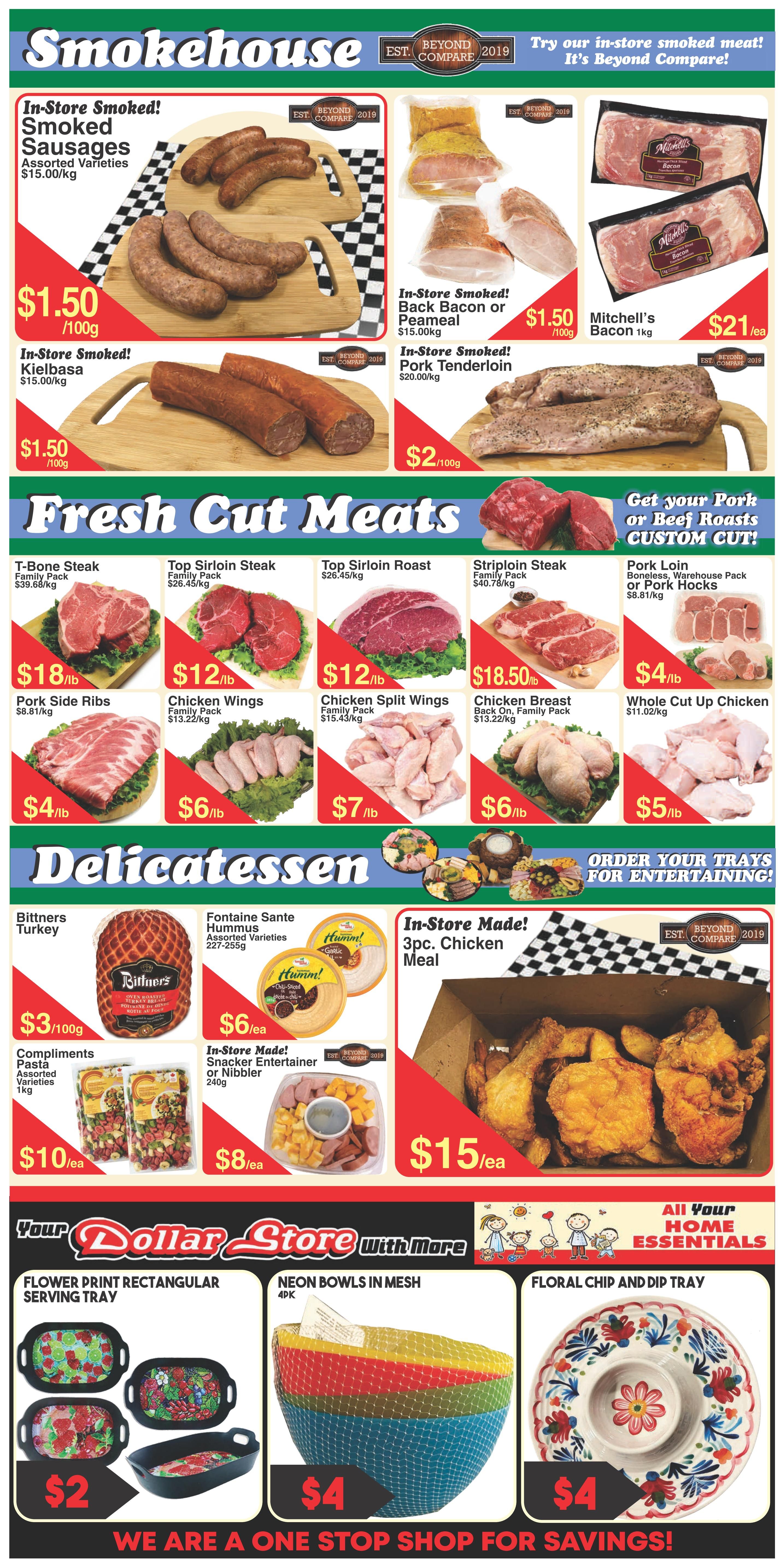 Fresh Market Foods weekly flyer specials page 2. The Smokehouse section features In-Store Smoked! Sausages Assorted Varieties for $1.50/100g, In-Store Smoked! Kielbasa for $1.50/100g, In-Store Smoked! Back Bacon or Peameal for $1.50/100g, In-Store Smoked! Pork Tenderloin for $2/100g, and Mitchell's Bacon 1kg for $21/ea. The Fresh Cut Meats section includes T-Bone Steak for $18/lb, Top Sirloin Steak for $12/lb, Top Sirloin Roast for $12/lb, Striploin Steak for $18.50/lb, Pork Loin Boneless, Warehouse Pack or Pork Hocks for $4/lb, Pork Side Ribs for $4/lb, Chicken Wings Family Pack for $6/lb, Chicken Split Wings Family Pack for $7/lb, Chicken Breast Back On, Family Pack for $6/lb, and Whole Cut Up Chicken for $5/lb. The Delicatessen section offers Bittners Turkey for $3/100g, Fontaine Sante Hummus Assorted Varieties for $6/ea, Compliments Pasta Assorted Varieties 1kg for $10/ea, In-Store Made! Snacker Entertainer or Nibbler 240g for $8/ea, and an In-Store Made! 3pc. Chicken Meal for $15/ea. The Dollar Store With More section highlights a Flower Print Rectangular Serving Tray for $2, Neon Bowls in Mesh 4pk for $4, and a Floral Chip and Dip Tray for $4. The page also advertises 'WE ARE A ONE STOP SHOP FOR SAVINGS!