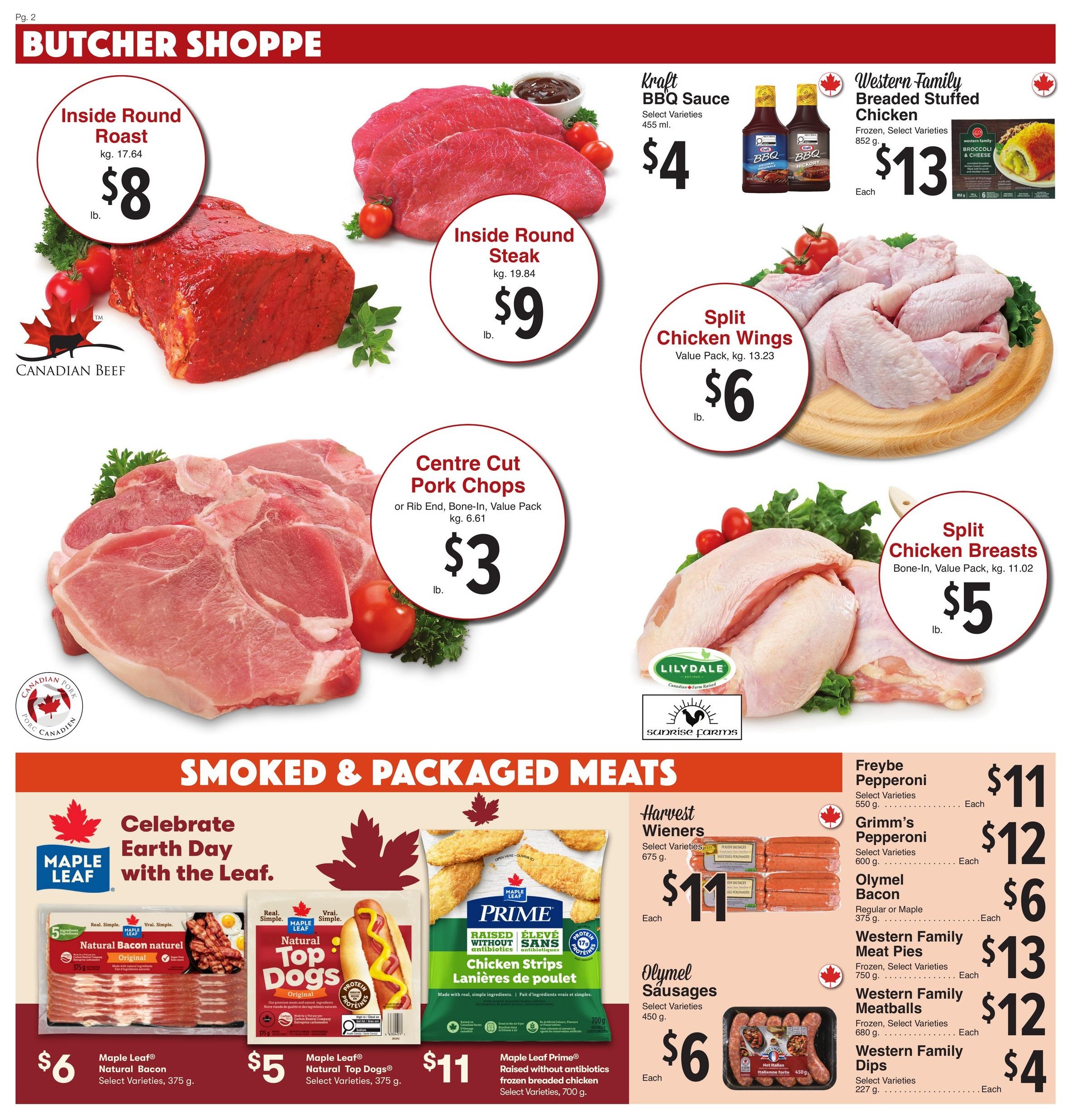 AG Foods Weekly Flyer Specials, Page 2: Butcher Shoppe section featuring Inside Round Roast for $8 lb., Inside Round Steak for $9 lb., Centre Cut Pork Chops (or Rib End, Bone-In) for $3 lb., Kraft BBQ Sauce (455 ml, Select Varieties) for $4, Western Family Breaded Stuffed Chicken (852 g, Frozen, Select Varieties) for $13 each, Split Chicken Wings (Value Pack, kg. 13.23) for $6 lb., and Split Chicken Breasts (Bone-In, Value Pack, kg. 11.02) for $5 lb. The Smoked & Packaged Meats section includes Maple Leaf Natural Bacon (Select Varieties, 375 g) for $6, Maple Leaf Natural Top Dogs (Select Varieties, 375 g) for $5, Maple Leaf Prime Raised without antibiotics frozen breaded chicken strips (Select Varieties, 700 g) for $11, Harvest Wieners (Select Varieties, 675 g) for $11 each, Olymel Sausages (Select Varieties, 450 g) for $6 each, Freybe Pepperoni (Select Varieties, 550 g) for $11 each, Grimm's Pepperoni (Select Varieties, 600 g) for $12 each, Olymel Bacon (Regular or Maple, 375 g) for $6 each, Western Family Meat Pies (Frozen, Select Varieties, 750 g) for $13 each, Western Family Meatballs (Frozen, Select Varieties, 680 g) for $12 each, and Western Family Dips (Select Varieties, 227 g) for $4 each.