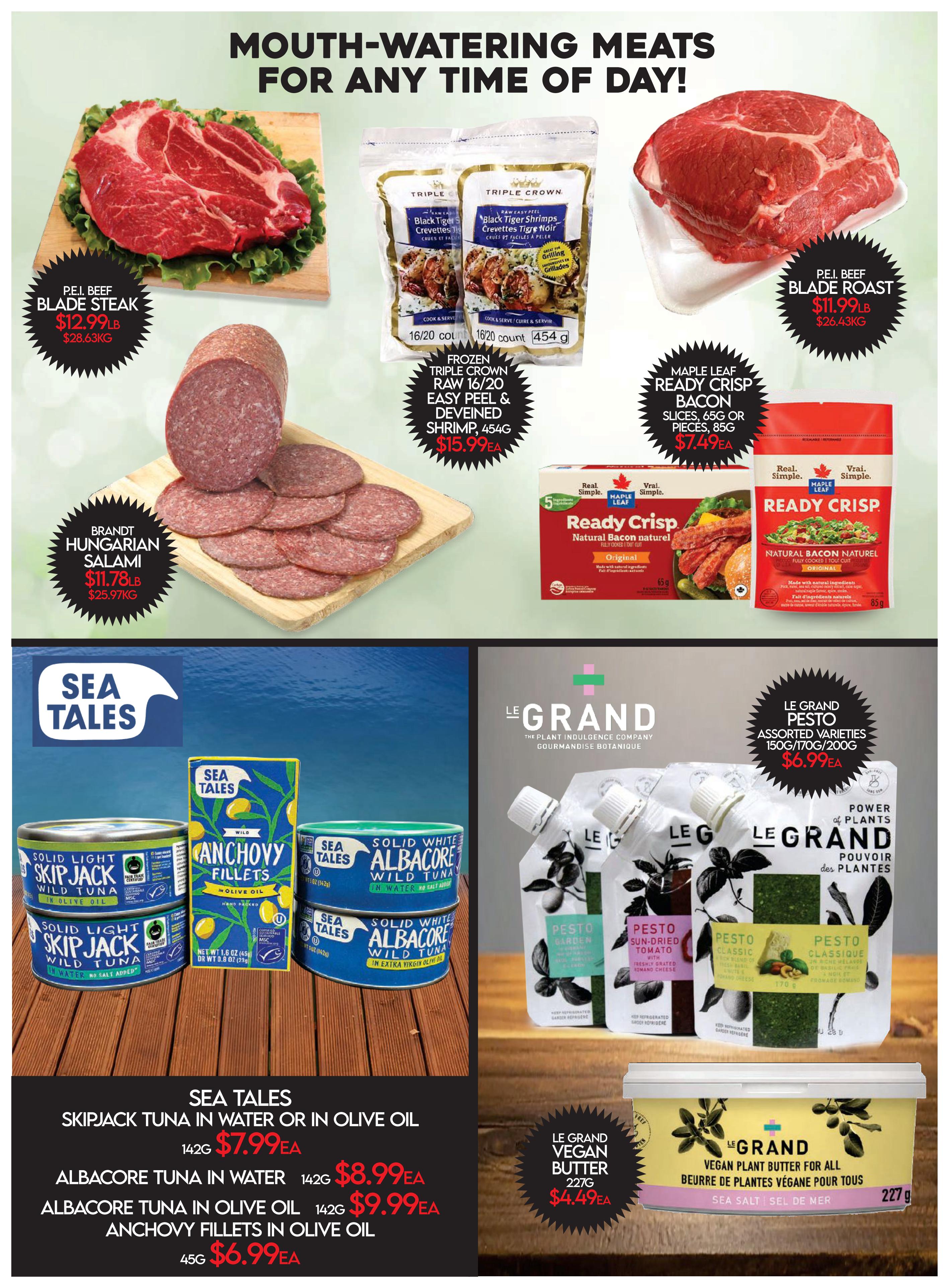 Fiesta Farms Weekly Flyer Specials Page 2 features mouth-watering meats and other grocery items. Top section highlights P.E.I. Beef Blade Steak at $12.99lb ($28.63KG), Brandt Hungarian Salami at $11.78lb ($25.97KG), and P.E.I. Beef Blade Roast at $11.99lb ($26.43KG). Also featured are Triple Crown Frozen 16/20 count 454g Black Tiger Shrimp for $15.99EA, and Maple Leaf Ready Crisp Bacon Slices, 65g or Pieces, for $7.49EA. The bottom section showcases Sea Tales Skipjack Tuna in Water or Olive Oil 142g for $7.99EA, Albacore Tuna in Water 142g for $8.99EA, Albacore Tuna in Olive Oil 142g for $9.99EA, and Anchovy Fillets in Olive Oil 45g for $6.99EA. Additionally, Le Grand Pesto Assorted Varieties 150g/170g/200g are available for $6.99EA, and Le Grand Vegan Butter 227g (Sea Salt) is priced at $4.49EA.
