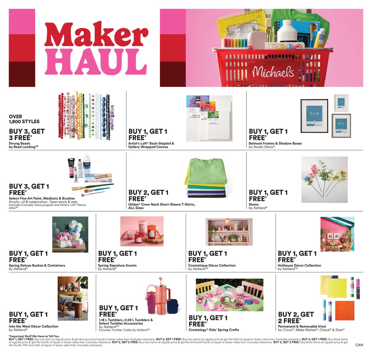 Michaels flyer featuring the Jonathan Adler x Michaels limited-edition collection. The page showcases various decorative items including vases with geometric patterns, framed artwork with butterfly and insect motifs, and other colourful home decor pieces. A central call-to-action reads 'Limited-edition collection. Get it while you can!' with a 'Shop Now' button.