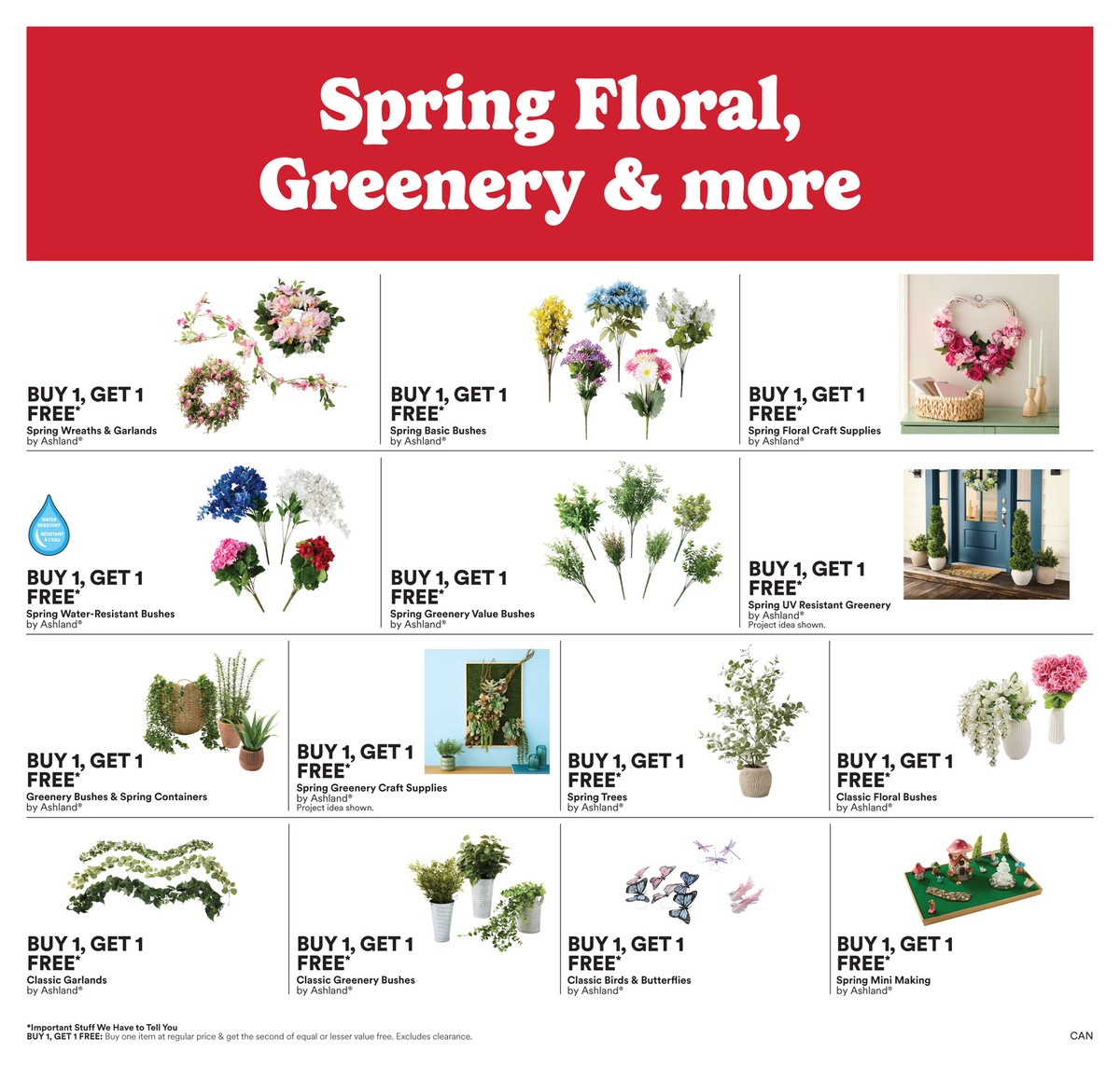 Michaels flyer page 3 features 'Spring Floral, Greenery & more' with multiple Buy 1, Get 1 FREE offers by Ashland. Deals include Spring Wreaths & Garlands, Spring Basic Bushes, Spring Floral Craft Supplies, Spring Water-Resistant Bushes, Spring Greenery Value Bushes, Spring UV Resistant Greenery, Greenery Bushes & Spring Containers, Spring Greenery Craft Supplies, Spring Trees, Classic Floral Bushes, Classic Garlands, Classic Greenery Bushes, Classic Birds & Butterflies, and Spring Mini Making kits. A disclaimer states 'Important Stuff We Have to Tell You': Buy 1, Get 1 FREE on items of equal or lesser value when you buy one at regular price. Excludes clearance.