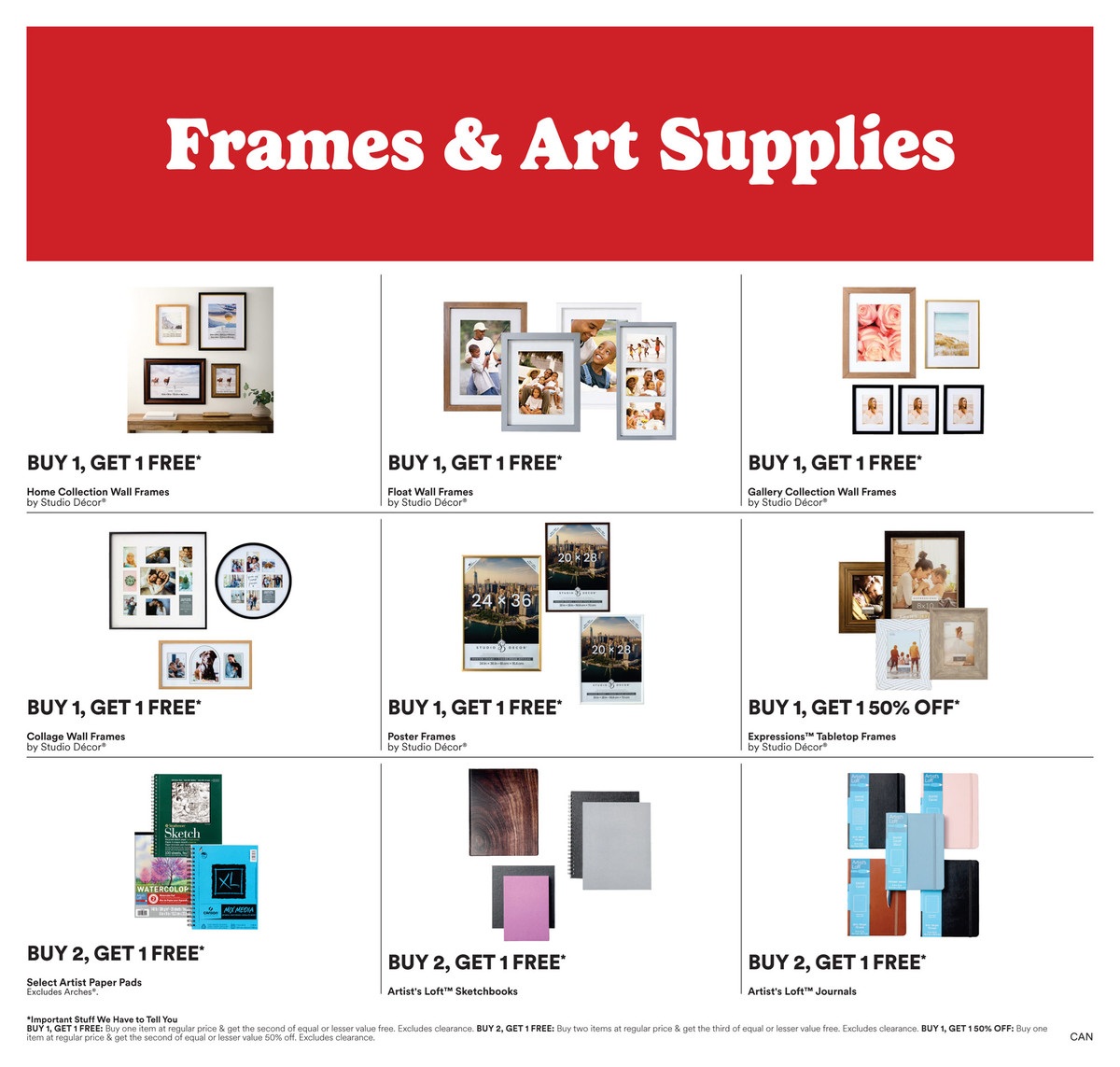 Michaels flyer page 4 features Frames & Art Supplies with various buy one, get one offers. Promotions include Buy 1, Get 1 Free on Home Collection Wall Frames by Studio Décor, Float Wall Frames by Studio Décor, Gallery Collection Wall Frames by Studio Décor, Collage Wall Frames, and Poster Frames by Studio Décor. There is also a Buy 1, Get 1 50% Off offer on Expressions™ Tabletop Frames by Studio Décor. For art supplies, there are Buy 2, Get 1 Free deals on Select Artist Paper Pads (Excludes Arches®) and Artist's Loft™ Sketchbooks. Additionally, Artist's Loft™ Journals are on a Buy 2, Get 1 Free promotion. Important conditions apply to these offers, including exclusions for clearance items and specific pricing requirements for the free items.