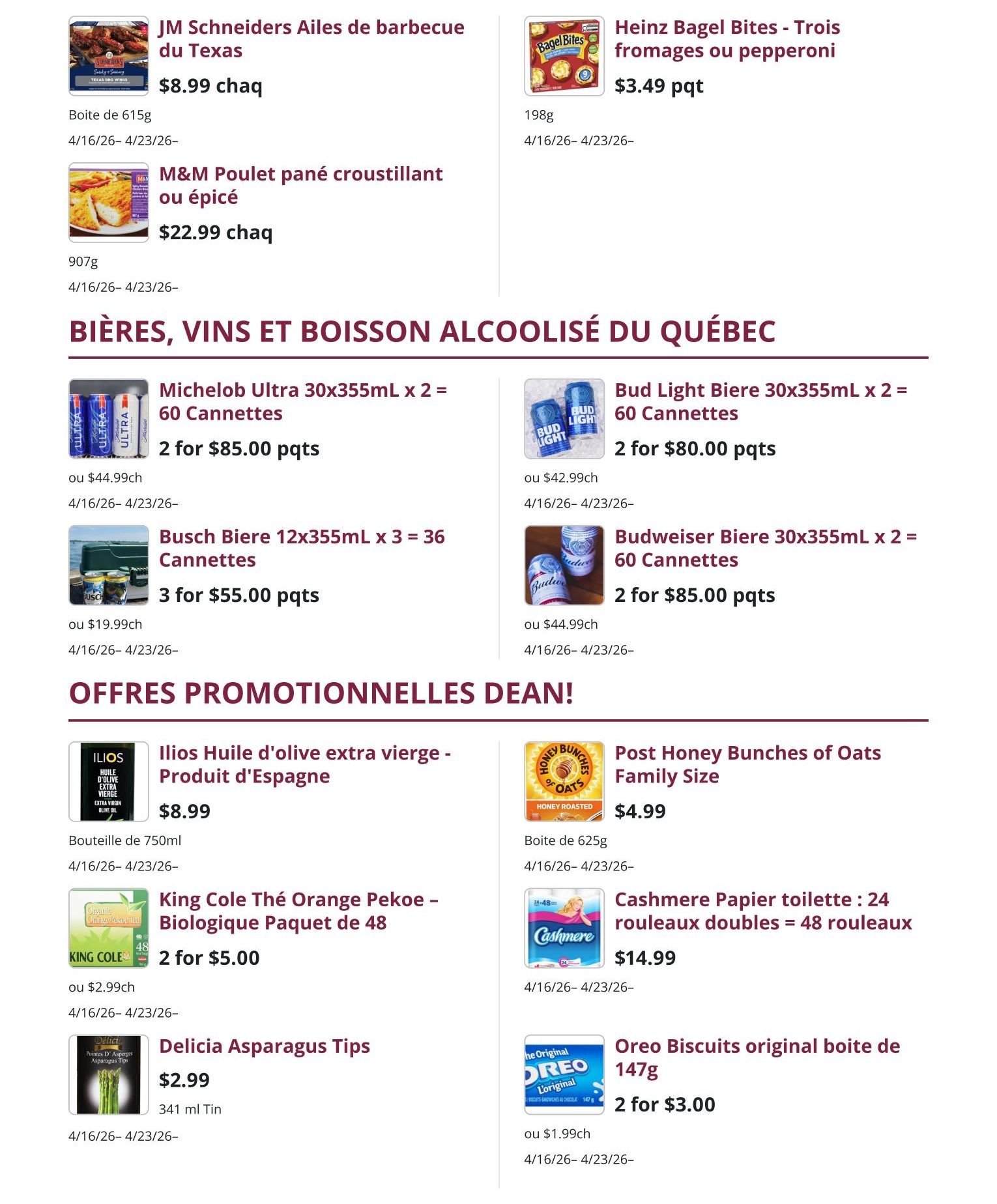 Mike Dean Local Grocer weekly flyer specials page 5. Featured products include JM Schneiders BBQ Chicken Wings for $8.99 per box, M&M Breaded Chicken (crispy or spicy) for $22.99 per 907g, and Heinz Bagel Bites (three cheese or pepperoni) for $3.49 per 198g. Beverage specials include Michelob Ultra 30x355mL (60 cans) for 2 for $85.00, Bud Light Beer 30x355mL (60 cans) for 2 for $80.00, Busch Beer 12x355mL x 3 (36 cans) for 3 for $55.00, and Budweiser Beer 30x355mL (60 cans) for 2 for $85.00. Other promotional offers include Ilios Extra Virgin Olive Oil (750mL bottle) for $8.99, King Cole Orange Pekoe Tea (organic, 48 pack) for 2 for $5.00, Delicia Asparagus Tips (341 mL tin) for $2.99, Post Honey Bunches of Oats Family Size cereal for $4.99 per 625g box, Cashmere Toilet Paper (24 double rolls = 48 rolls) for $14.99, and Oreo Biscuits original 147g box for 2 for $3.00. All specials are valid from April 16 to April 23.