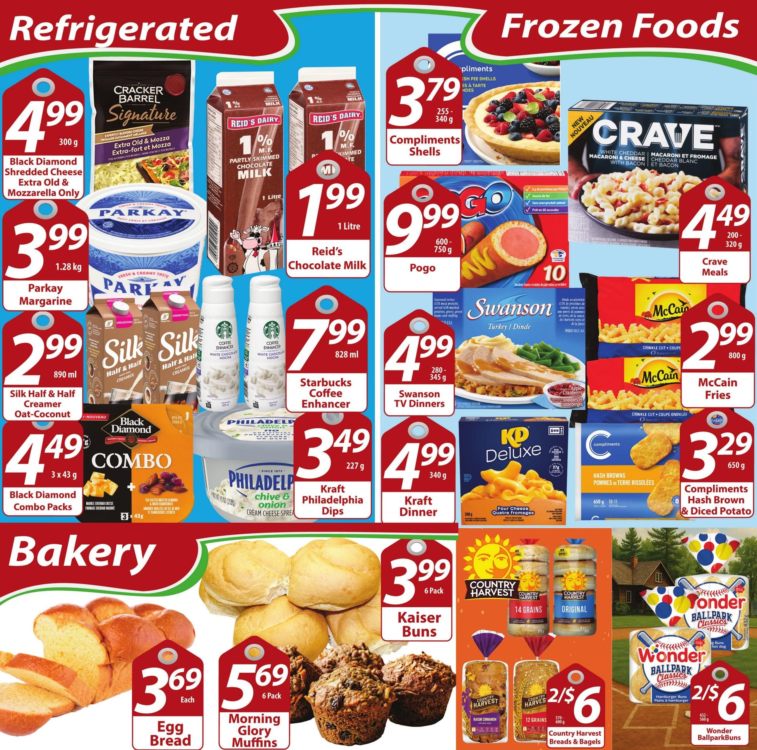 Sharpe's Food Market weekly flyer specials, Page 6, featuring refrigerated and frozen foods, and bakery items. Refrigerated section includes Black Diamond Shredded Cheese for $4.99 (300 g), Parkay Margarine for $3.99 (1.28 kg), Silk Half & Half Creamer Oat-Coconut for $2.99 (890 ml), and Black Diamond Combo Packs for $4.49 (3 x 43 g). Also featured are Reid's Dairy Chocolate Milk for $1.99 (1 Litre), Kraft Philadelphia Dips for $3.49 (227 g), and Compliments Shells for $3.79. Frozen Foods include Pogo for $9.99 (600-750 g), Crave Meals for $4.49 (200-320 g), Swanson TV Dinners for $4.99 (280-345 g), Kraft Dinner for $4.99 (340 g), McCain Fries for $2.99 (800 g), and Compliments Hash Brown & Diced Potato for $3.29 (650 g). The Bakery section offers Egg Bread for $3.69 each, Morning Glory Muffins for $5.69 (6 Pack), and Kaiser Buns for $3.99 (6 Pack). Also available are Country Harvest Breads & Bagels (14 Grains, Original, Raisin Cinnamon, 12 Grains) for 2 for $6, and Wonder Ballpark Buns (Hamburger Buns, Hot Dog Buns) for 2 for $6.