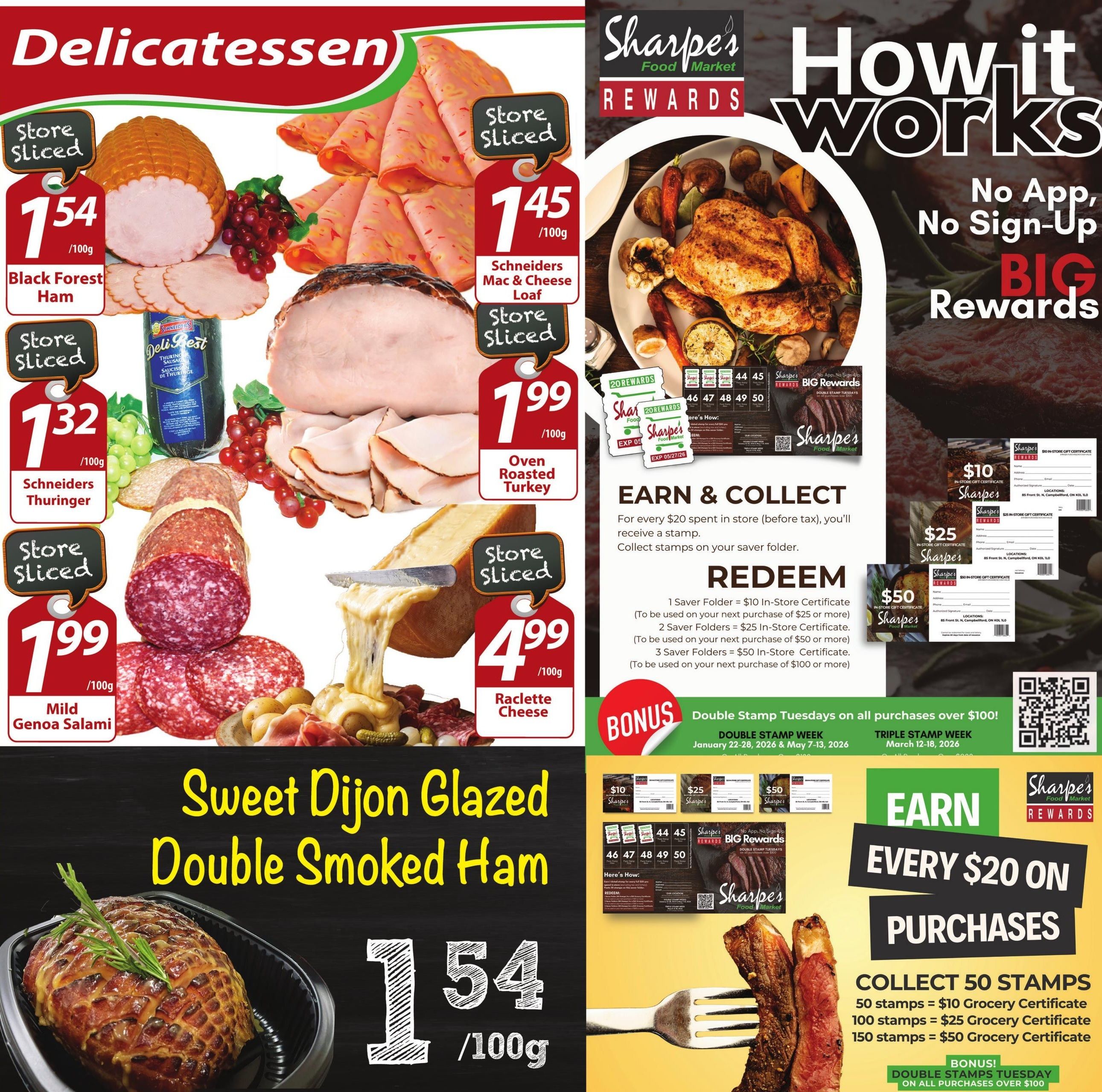 Sharpe's Food Market Delicatessen page featuring store-sliced Black Forest Ham at $1.54/100g, Schneiders Mac & Cheese Loaf at $1.45/100g, Oven Roasted Turkey at $1.99/100g, Schneiders Thuringer at $1.32/100g, Mild Genoa Salami at $1.99/100g, and Raclette Cheese at $4.99/100g. The page also highlights Sweet Dijon Glazed Double Smoked Ham at $1.54/100g. Additionally, it explains the Sharpe's Rewards program: Earn every $20 on purchases, collect stamps to redeem for grocery certificates ($10 for 50 stamps, $25 for 100 stamps, $50 for 150 stamps). Special promotions include Double Stamp Tuesdays on purchases over $100 during January 22-28, 2026 & May 7-13, 2026, and Triple Stamp Week March 12-18, 2026. The program offers no app or sign-up required, with big rewards.