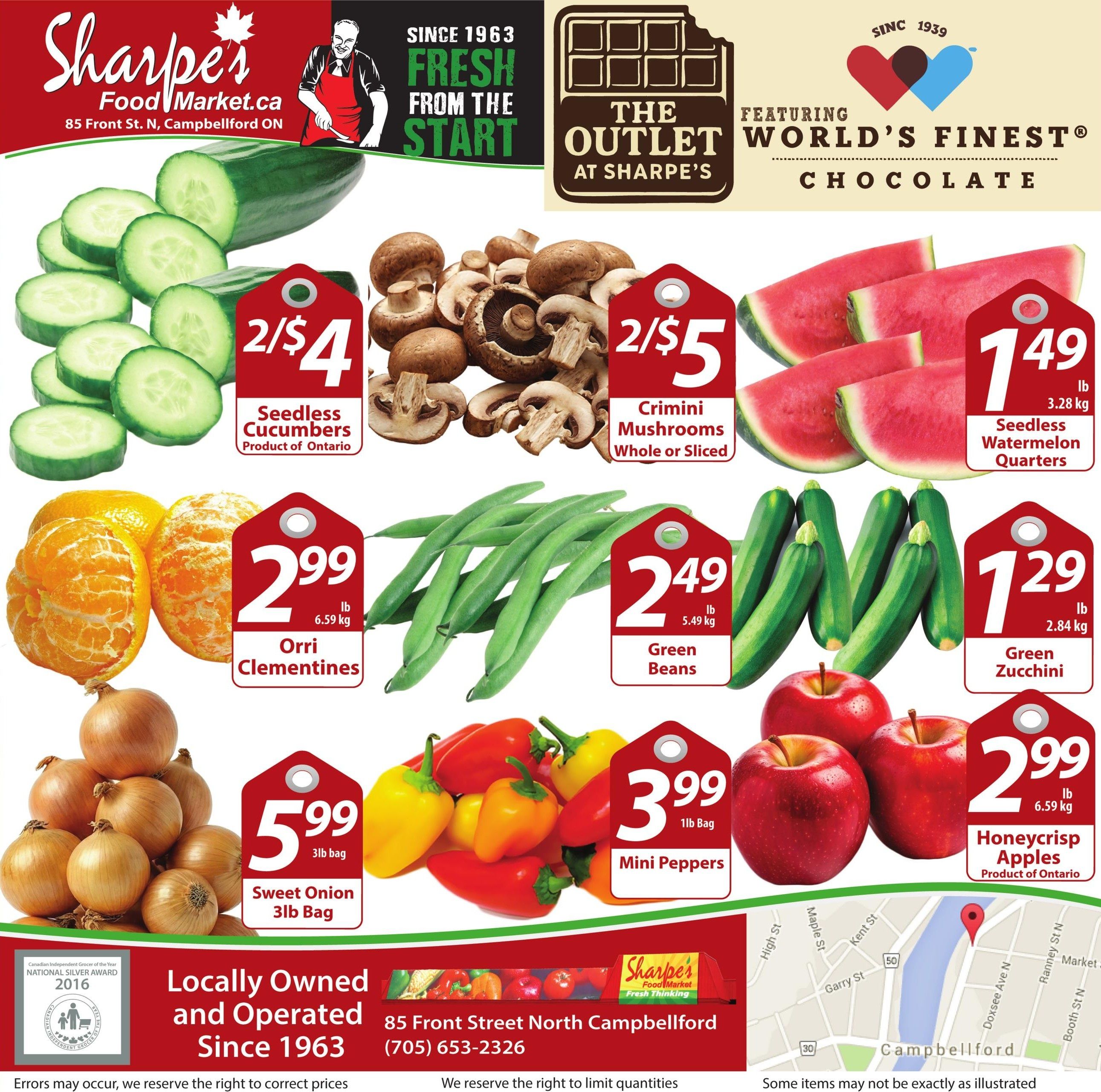 Sharpe's Food Market weekly flyer specials page 8 features fresh produce and World's Finest Chocolate. On sale are Seedless Cucumbers for 2 for $4, Crimini Mushrooms (whole or sliced) for 2 for $5, and Seedless Watermelon Quarters for $1.49 per lb. Also featured are Orri Clementines for $2.99 per lb, Green Beans for $2.49 per lb, and Green Zucchini for $1.29 per lb. Sweet Onion 3lb bags are $5.99, and Mini Peppers are $3.99 per 1lb bag. Honeycrisp Apples (Product of Ontario) are $2.99 per lb. The flyer also highlights that Sharpe's Food Market has been locally owned and operated since 1963 and is located at 85 Front St. N, Campbellford, ON, with phone number (705) 653-2326.