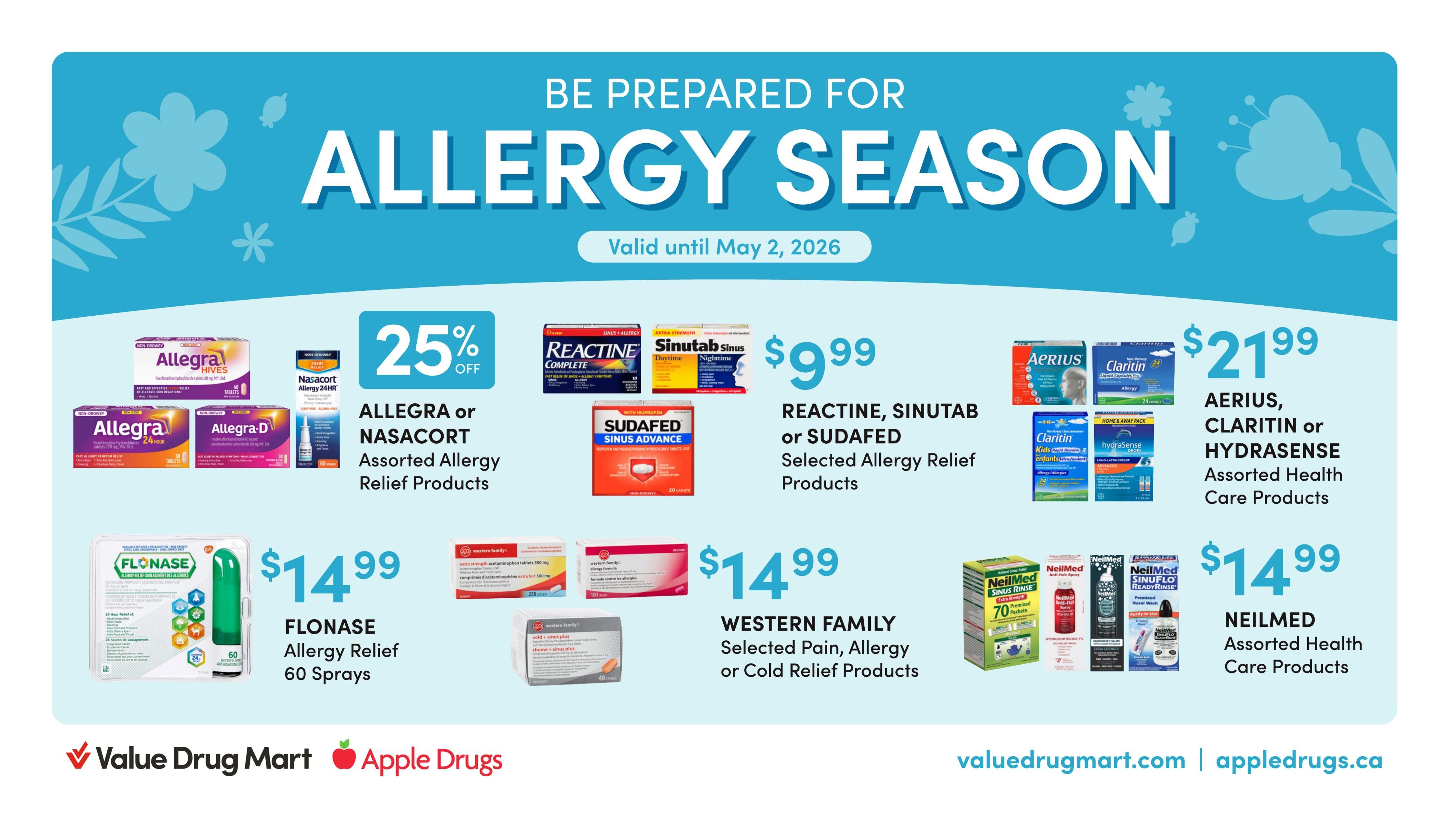 Value Drug Mart flyer specials page 2, featuring relief for spring allergies. Top section includes Biomedic Selected Allergy or Cold Relief Products for $4.99, Otrivin Assorted Nasal Spray 20mL-30mL for $8.99, and Refresh Selected Eye Care Products for $9.99. Bottom section highlights Secaris Lubricating Nasal Gel 30g for $6.99, Rhinaris Nasal Gel 30g or Nasal Mist 30mL for $6.99, Breathe Right Extra Strength Tan Strips 8's for $6.99, Dristan Assorted Nasal Mist or Spray 15mL-30mL for $6.99, Salinex or Myoflex Selected Health Care Products for $11.99, and Vicks Assorted Cold Relief or Sleep Aid Products for $9.99. The flyer is valid from April 19 to May 2, 2026.