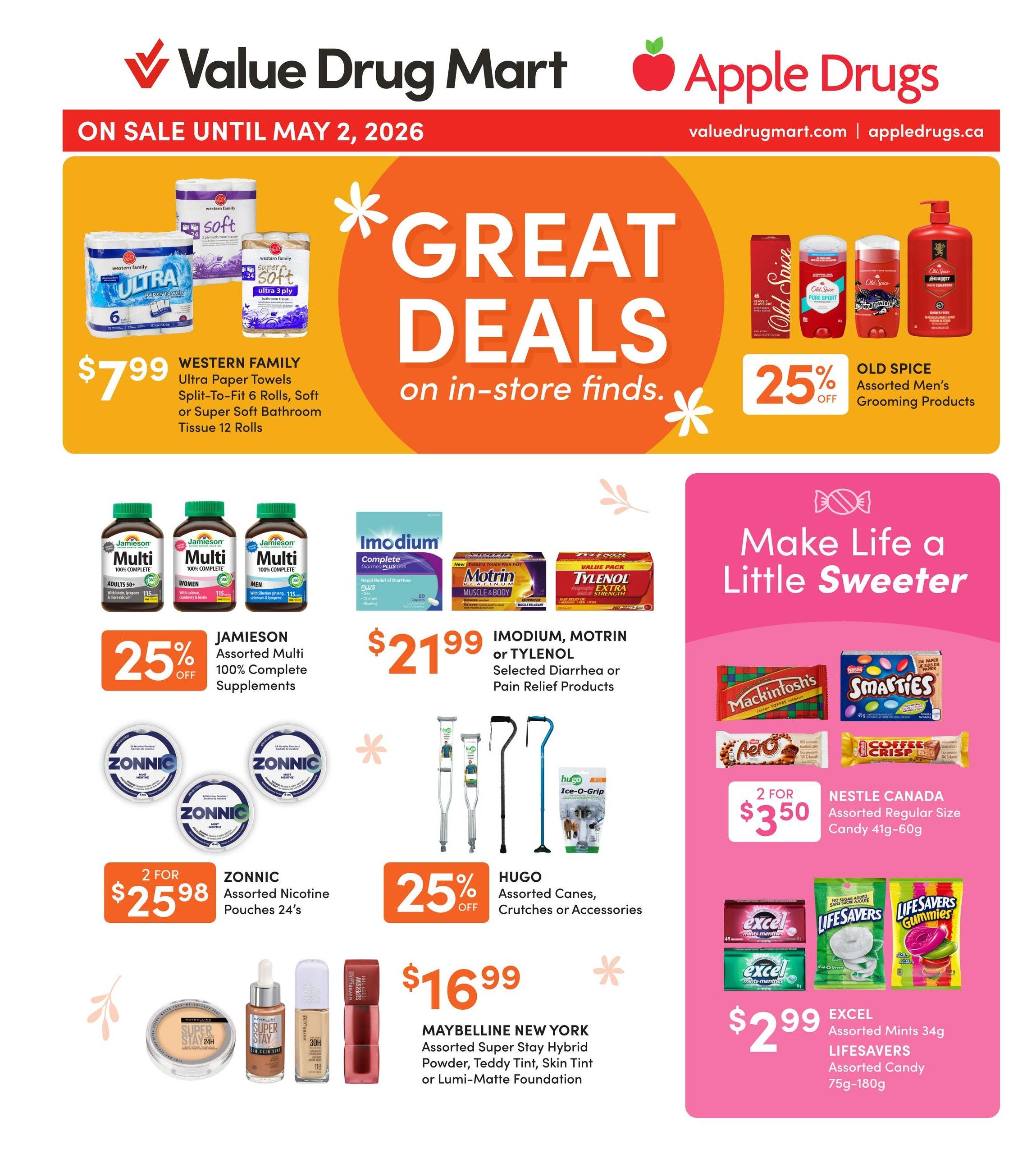 Value Drug Mart flyer page 1: Be prepared for allergy season, valid until May 2, 2026. Features 25% off Allegra or Nasacort assorted allergy relief products. Reactine, Sinutab, or Sudafed selected allergy relief products are $9.99. Aerius, Claritin, or Hydrasense assorted health care products are $21.99. Flonase allergy relief 60 sprays are $14.99. Western Family selected pain, allergy, or cold relief products are $14.99. NeilMed assorted health care products are $14.99. Visit valuedrugmart.com or appledrugs.ca.