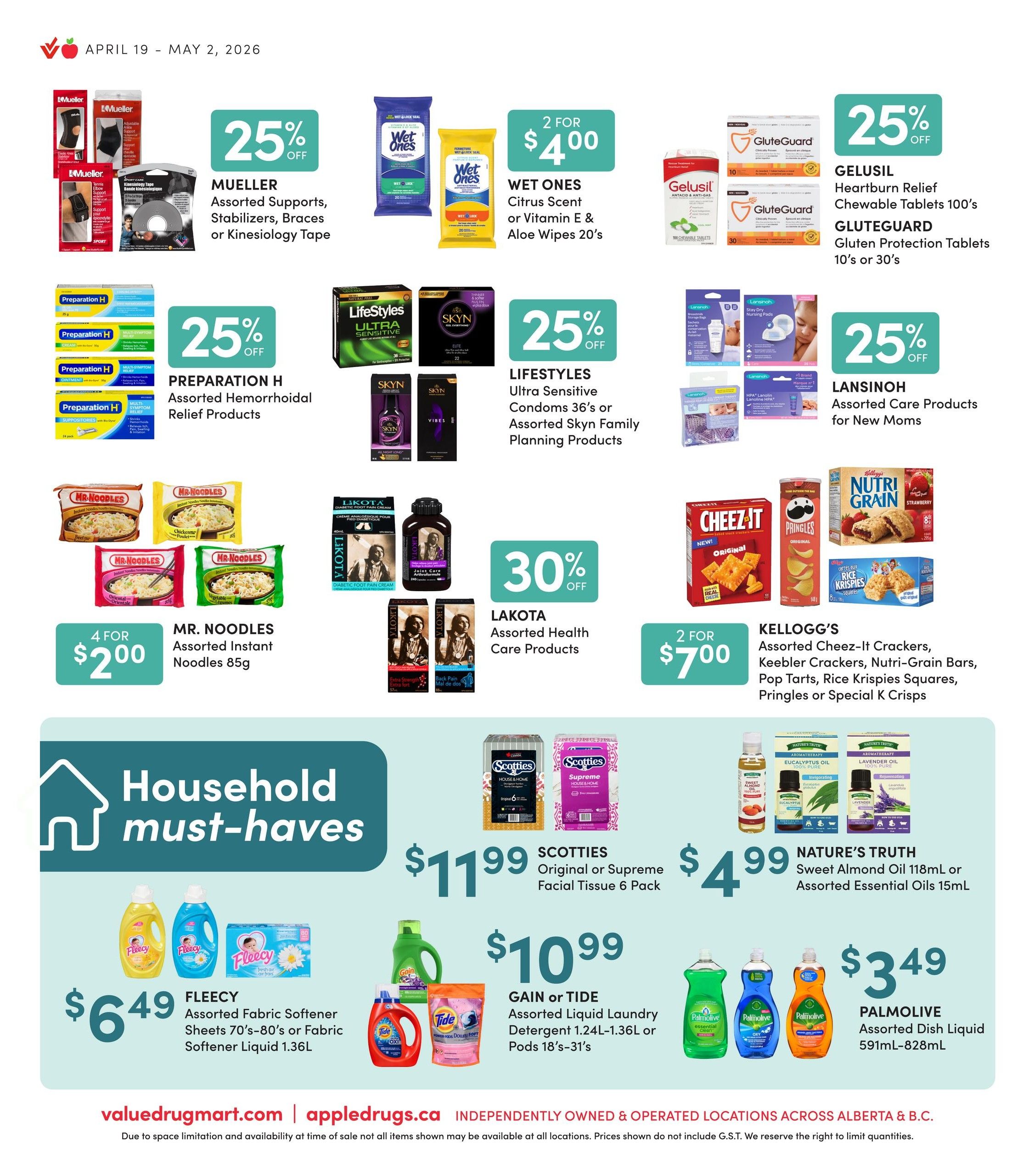 Value Drug Mart flyer specials from April 19 to May 2, 2026. Page 8 features Mueller Assorted Supports, Stabilizers, Braces or Kinesiology Tape with 25% off. Wet Ones Citrus Scent or Vitamin E & Aloe Wipes 20's are 2 for $4.00. Preparation H Assorted Hemorrhoidal Relief Products are 25% off. Lifestyles Ultra Sensitive Condoms 36's or Assorted Skyn Family Planning Products are 25% off. Glusil Heartburn Relief Chewable Tablets 100's and GluteGuard Gluten Protection Tablets 10's or 30's are 25% off. Lansinoh Assorted Care Products for New Moms are 25% off. Mr. Noodles Assorted Instant Noodles 85g are 4 for $2.00. Lakota Assorted Health Care Products are 30% off. Kellogg's Assorted Cheez-It Crackers, Keebler Crackers, Nutri-Grain Bars, Pop Tarts, Rice Krispies Squares, Pringles or Special K Crisps are 2 for $7.00. Household must-haves include Fleecy Assorted Fabric Softener Sheets 70's-80's or Fabric Softener Liquid 1.36L for $6.49. Scotties Original or Supreme Facial Tissue 6 Pack for $11.99. Gain or Tide Assorted Liquid Laundry Detergent 1.24L-1.36L or Pods 18's-31's for $10.99. Palmolive Assorted Dish Liquid 591mL-828mL for $3.49. Nature's Truth Sweet Almond Oil 118mL or Assorted Essential Oils 15mL for $4.99.