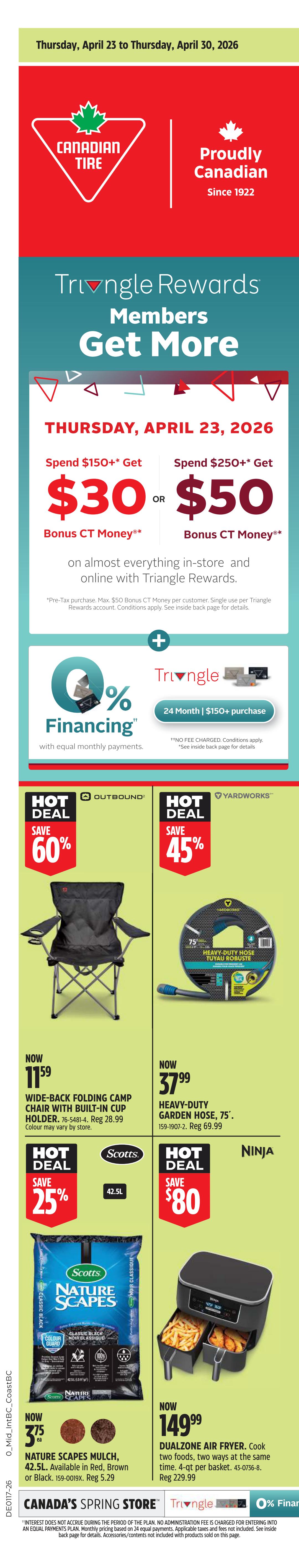 Canadian Tire Spring Big Red Sale, valid April 23 to April 30, 2026. Save up to $150 on a JumpTek 14' Trampoline and Safety Enclosure Combo, now $349.99. Save $300 on a Woodside Vinyl Storage Shed, now $999.99. Save $100 on a Troy-Bilt 163cc 3-in-1 Self-Propelled Lawn Mower, now $499.99. Save $100 on a Master Chef 28' Propane Griddle, now $299.99. Hisense 6K BTU SAC 3-in-1 Portable Air Conditioner with remote control is $279.99. Ninja Professional Plus Blender with Auto-IQ is $79.99. Save $70 on the blender. Save $120 on a 3-pc Sectional Set with Glass Tabletop, now $398.99. Maximum 1/2' Drive Torque Wrench is $59.99, save 60%. Castrol EDGE Synthetic Motor Oil is $39.88, save 25% plus get a $10 mail-in rebate. Dyson V15 Detect Stick Vac is $799.99, save $200. ProFlex Retractable Hose Reel with 120' hose and nozzle is $179.99, save $80. Pelican 10' Sit-In Kayak is $369.99, save $230. Canada's Spring Store features 0% financing with equal monthly payments.