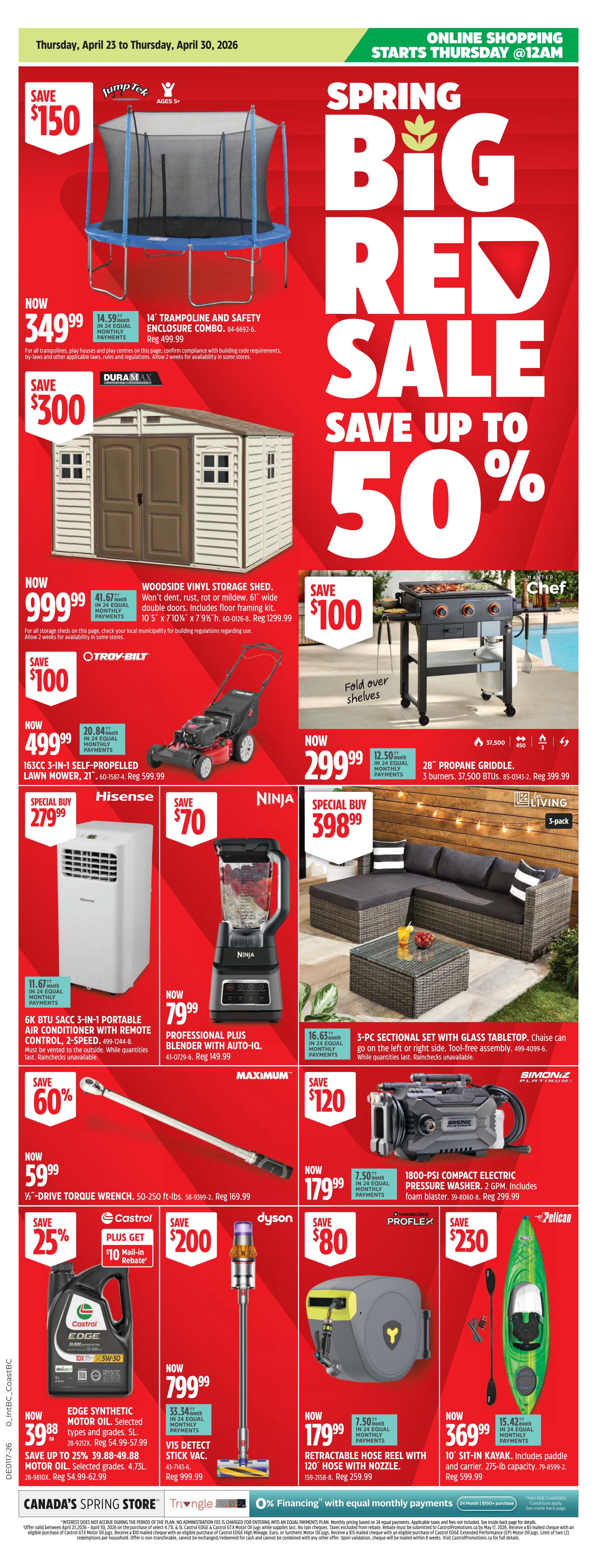 Canadian Tire flyer specials for Thursday, April 23 to Thursday, April 30, 2026. Triangle Rewards members get more with offers like Spend $150+ and get $30 Bonus CT Money or Spend $250+ and get $50 Bonus CT Money. Enjoy 0% financing with equal monthly payments for 24 months on purchases of $150+. Hot Deals include an Outbound Wide-Back Folding Camp Chair with built-in cup holder, now $11.59 (save 60%, reg $28.99). Also, a Yardworks Heavy-Duty Garden Hose, 75', is now $37.99 (save 45%, reg $69.99). Get 25% off Scotts Nature Scapes Mulch, 42.5L, available in Red, Brown, or Black, now $5.29 (reg $5.29). A Ninja DualZone Air Fryer is on hot deal for $149.99, saving $80 (reg $229.99), perfect for cooking two foods at the same time with a 4-qt basket.