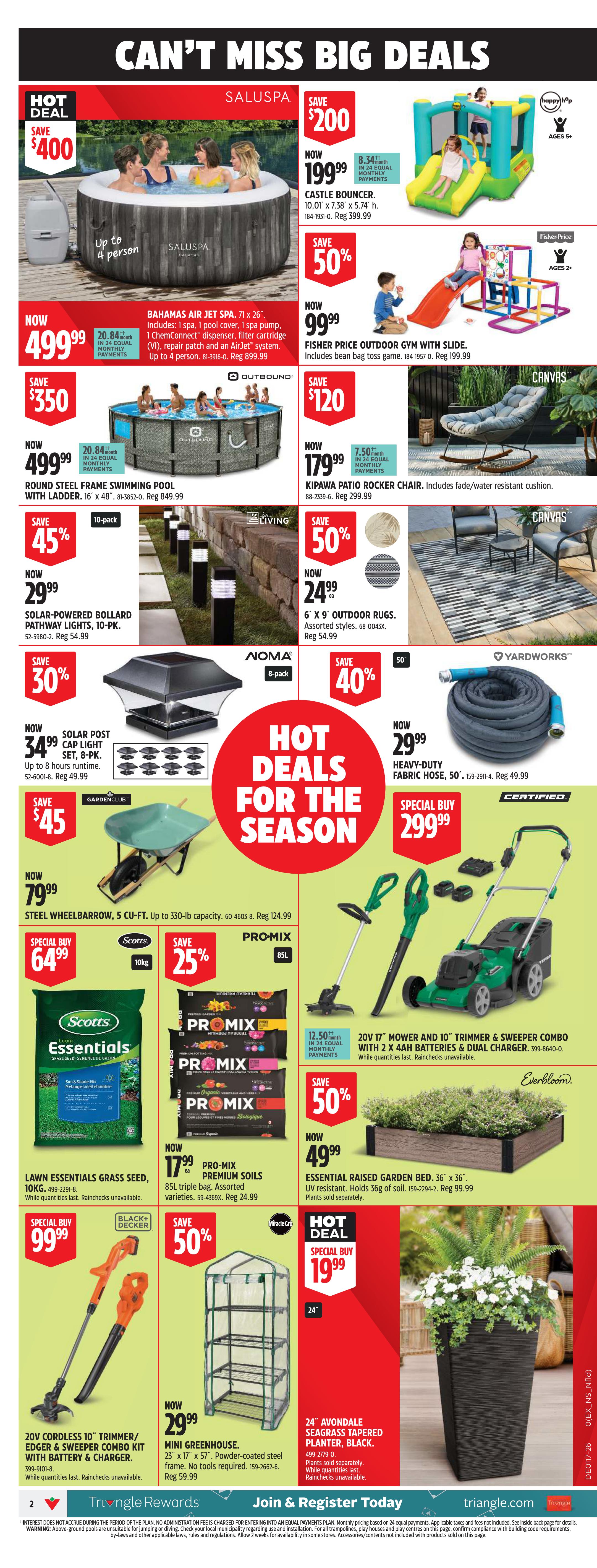 Canadian Tire Weekly Flyer Specials, Page 3. Hot deals for the season include a Saluspa Bahamas Air Jet hot tub for $499.99 (save $400), a Castle Bouncer for $199.99 (save $200), and a Fisher Price Outdoor Gym with Slide for $99.99 (save 50%). Also featured is a Round Steel Frame Swimming Pool with Ladder for $499.99 (save $350), and a Kipawa Patio Rocker Chair for $179.99 (save $120). Outdoor living items on sale include Solar-Powered Bollard Pathway Lights, 10-PK., for $29.99 (save 45%), 6' x 9' Outdoor Rugs for $24.99 (save 50%), and Solar Post Cap Light Set, 8-PK., for $34.99 (save 30%). Yardworks Heavy-Duty Fabric Hose, 50', is $29.99 (save 40%). Garden essentials include a Steel Wheelbarrow for $79.99 (save $45), Scotts Lawn Essentials Grass Seed, 10KG., for $64.99 (special buy), and Pro-Mix Premium Soils, 85L., for $17.99 (save 25%). A Certified 20V 17' Mower and 10' Trimmer & Sweeper Combo with 2 x 4Ah Batteries & Dual Charger is $299.99 (special buy). An Essential Raised Garden Bed, 36' x 36', is $49.99 (save 50%). Also available is a Black+Decker 20V Cordless 10' Trimmer/Edger & Sweeper Combo Kit with Battery & Charger for $99.99 (special buy), a Mini Greenhouse for $29.99 (save 50%), and a 24' Avondale Seagrass Tapered Planter, Black, for $19.99 (hot deal special buy).