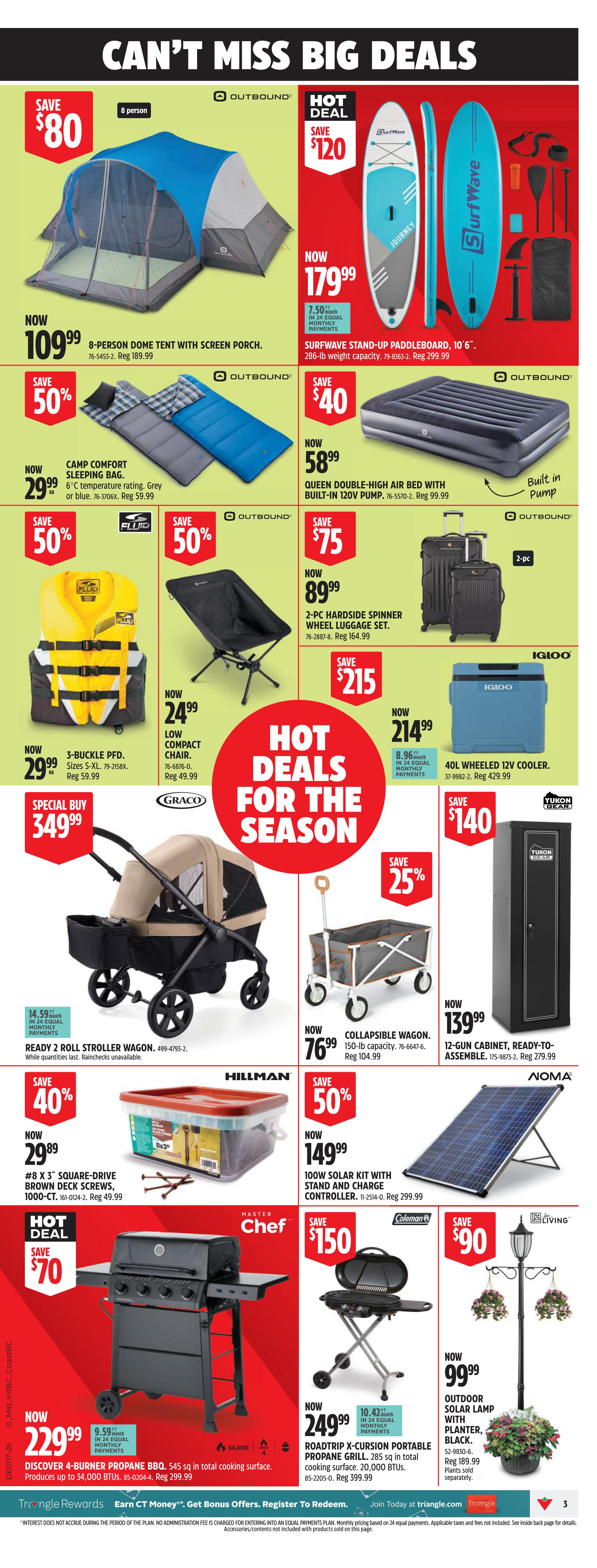 Canadian Tire weekly flyer specials page 4 features 'Can't Miss Big Deals' including an Outbound 8-person dome tent with screen porch now $109.99 (save $80), and a Surfwave stand-up paddleboard, 10'6', for $179.99 (save $120). Also featured are a Camp Comfort sleeping bag for $29.99 (save 50%), a Queen double-high air bed with built-in 120V pump for $58.99 (save $40), a 3-buckle PFD for $29.99 (save 50%), a low compact chair for $24.99, a 2-pc hardside spinner wheel luggage set for $89.99 (save $75), and a 40L wheeled 12V cooler for $214.99 (save $215). Hot deals for the season include a Graco Ready 2 Roll stroller wagon for a special buy of $349.99, a collapsible wagon with 150-lb capacity for $76.99 (save 25%), and a Yukon Gear 12-gun cabinet for $139.99 (save $140). Additional deals include Hillman #8 x 3' square-drive brown deck screws, 1000-ct, for $29.89 (save 40%), a Noma 100W solar kit with stand and charge controller for $149.99 (save 50%), a Master Chef 4-burner propane BBQ for $229.99 (save $70), a Coleman Roadtrip X-cursion portable propane grill for $249.99 (save $150), and a Living outdoor solar lamp with planter in black for $99.99 (save $90).