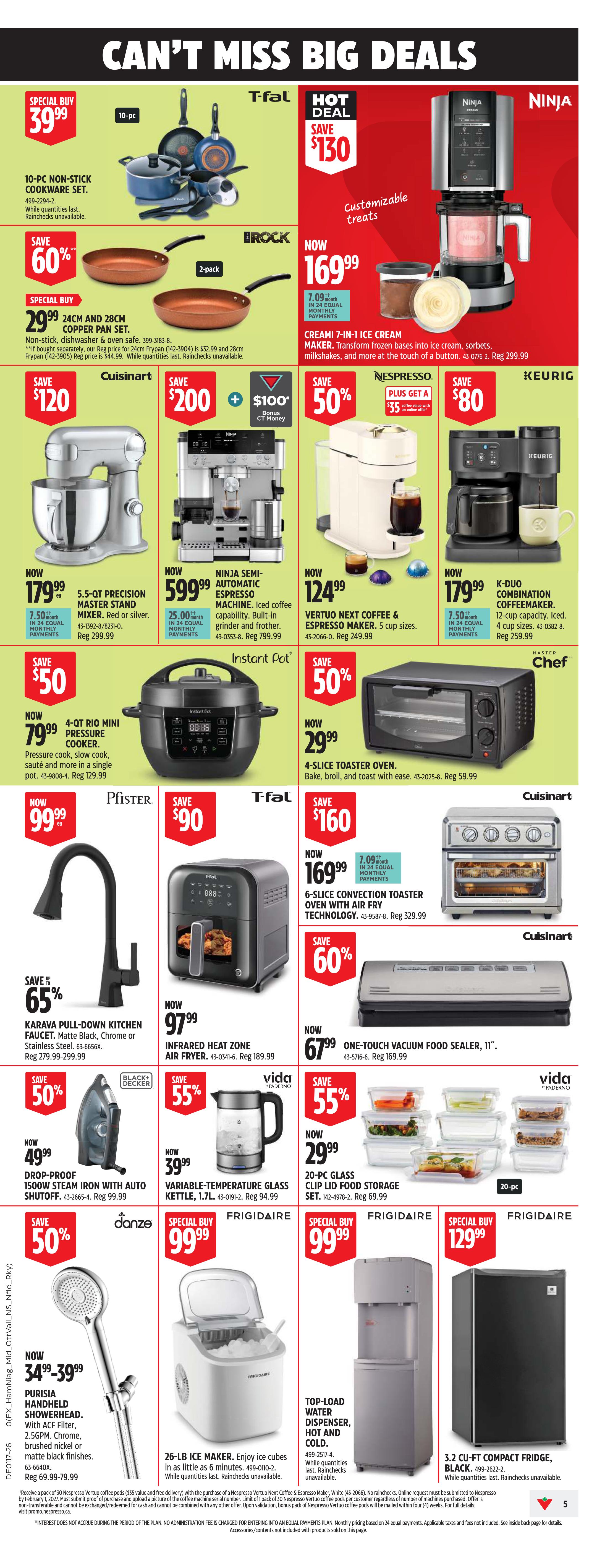 Canadian Tire Western Canada flyer page 6 features a variety of kitchen appliances and cookware. Special Buy on a T-fal 10-pc non-stick cookware set for $39.99. Hot Deal: Save $130 on a Ninja Creami 7-in-1 ice cream maker, now $169.99. Brock 24cm and 28cm copper pan set on Special Buy for $29.99, with 60% savings. Cuisinart 5.5-qt precision master stand mixer is $179.99 (Save $120). Ninja semi-automatic espresso machine for $599.99 (Save $200 plus $100 bonus CT Money). Nespresso Vertuo Next coffee & espresso maker is $124.99 (Save 50%). Keurig K-Duo combination coffeemaker is $179.99 (Save $80). Instant Pot 4-qt Rio Mini pressure cooker is $79.99 (Save $50). Master Chef 4-slice toaster oven is $29.99 (Save 50%). Pfister Karava pull-down kitchen faucet in matte black or stainless steel is $99.99 (Save 65%). T-fal 6-slice convection toaster oven with air fry technology is $169.99 (Save $160). Cuisinart infrared heat zone air fryer is $97.99 (Save $90). Cuisinart one-touch vacuum food sealer, 11', is $67.99 (Save 60%). Black+Decker drop-proof 1500W steam iron with auto shutoff is $49.99 (Save 50%). Frigidaire variable-temperature glass kettle, 1.7L, is $39.99 (Save 55%). Frigidaire 20-pc glass clip lid food storage set is $29.99 (Save 55%). Danze Purisia handheld showerhead is $34.99-$39.99. Frigidaire 26-lb ice maker is $99.99. Frigidaire top-load water dispenser, hot and cold, is $99.99. Frigidaire 3.2 cu-ft compact fridge in black is $129.99.