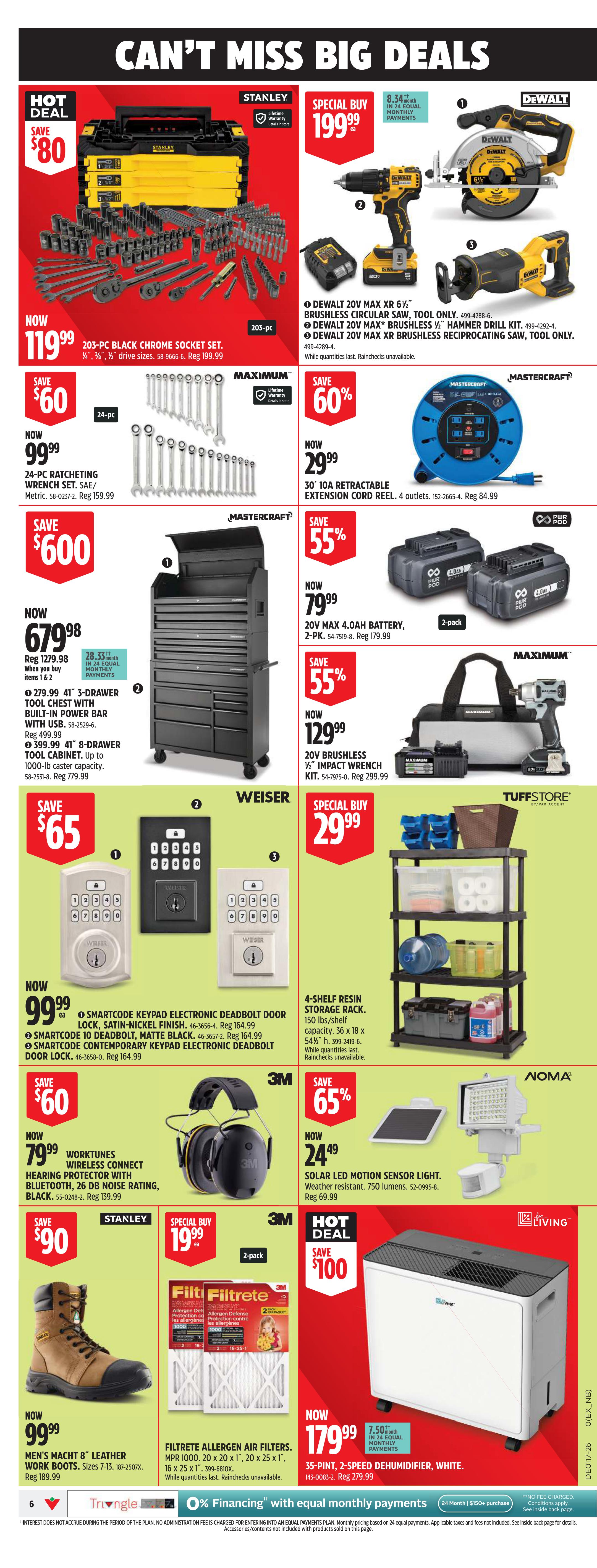 Canadian Tire Western Canada flyer page 7 features a 'Can't Miss Big Deals' section. Top deals include a Stanley 203-pc black chrome socket set for $119.99 (save $80), a 24-pc ratcheting wrench set for $99.99 (reg $159.99), and a Mastercraft 41' 8-drawer tool chest with built-in power bar for $679.98 (reg $1279.98). Also featured are DeWalt tools: a 20V MAX XR circular saw for $199.99, a 20V MAX hammer drill kit for $199.99, and a 20V MAX reciprocating saw for $199.99. Other deals include a 30' 10A retractable extension cord reel for $29.99, a 2-pack of DeWalt 20V MAX 4.0AH batteries for $79.99 (save 55%), and a DeWalt 20V MAX brushless impact wrench kit for $129.99 (save 55%). Weiser SmartCode electronic deadbolt door locks are on special for $99.99 each, with savings of $65. 3M WorkTunes wireless connect hearing protector with Bluetooth is $79.99 (save $60). A 4-shelf resin storage rack is $29.99. Noma solar LED motion sensor light is $24.49 (save 65%). Men's Macht 8' leather work boots are $99.99. Filtrete allergen air filters are available. A 35-pint, 2-speed dehumidifier in white is $179.99 (save $100).
