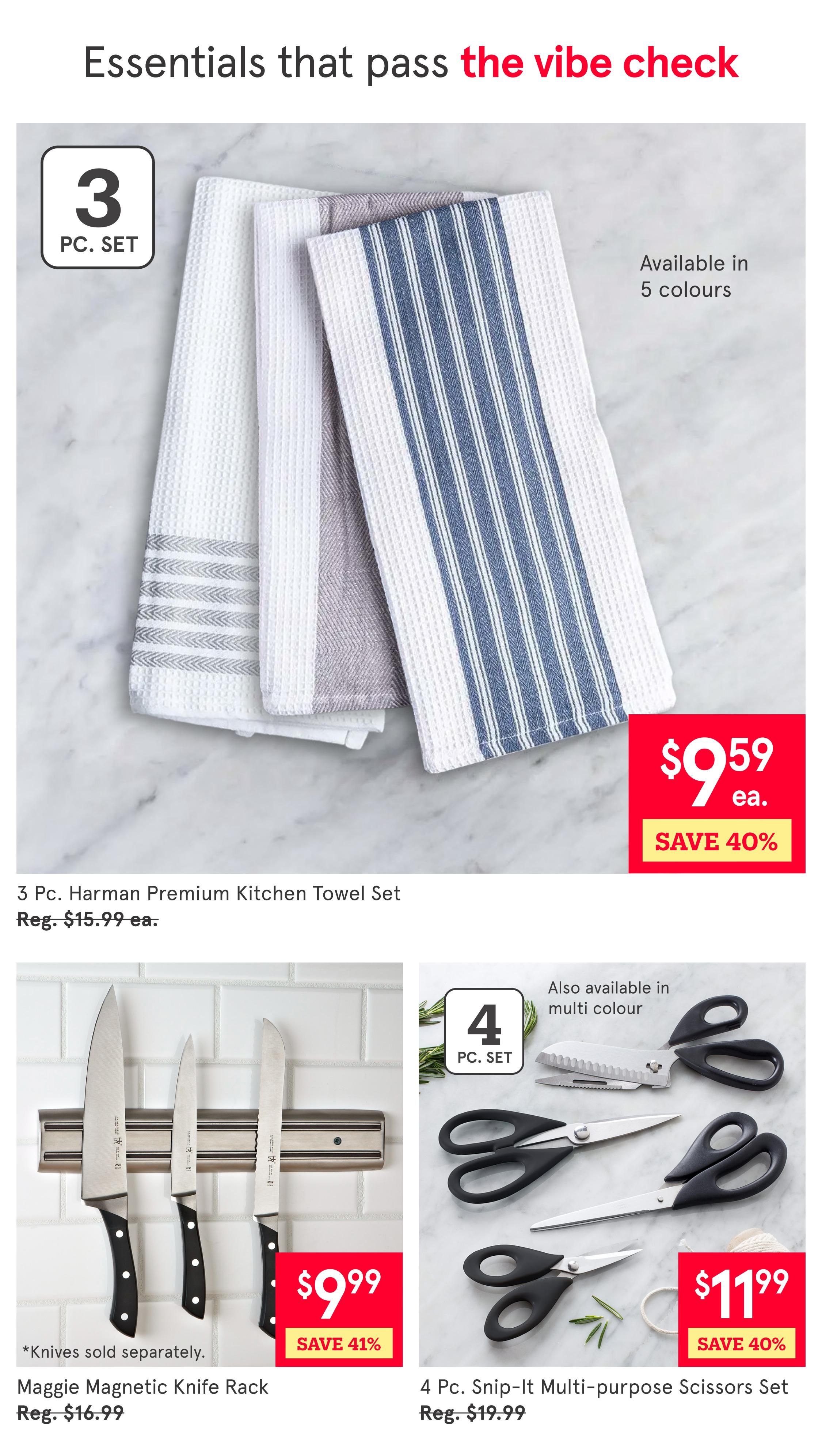 Kitchen Stuff Plus weekly flyer specials page 4 features a 3 Pc. Harman Premium Kitchen Towel Set available in 5 colours, on sale for $9.59 each, saving 40% off the regular price of $15.99. Also shown is a Maggie Magnetic Knife Rack for $9.99, saving 41% off the regular price of $16.99. Knives are sold separately. Additionally, a 4 Pc. Snip-It Multi-purpose Scissors Set is available in multiple colours for $11.99, saving 40% off the regular price of $19.99.
