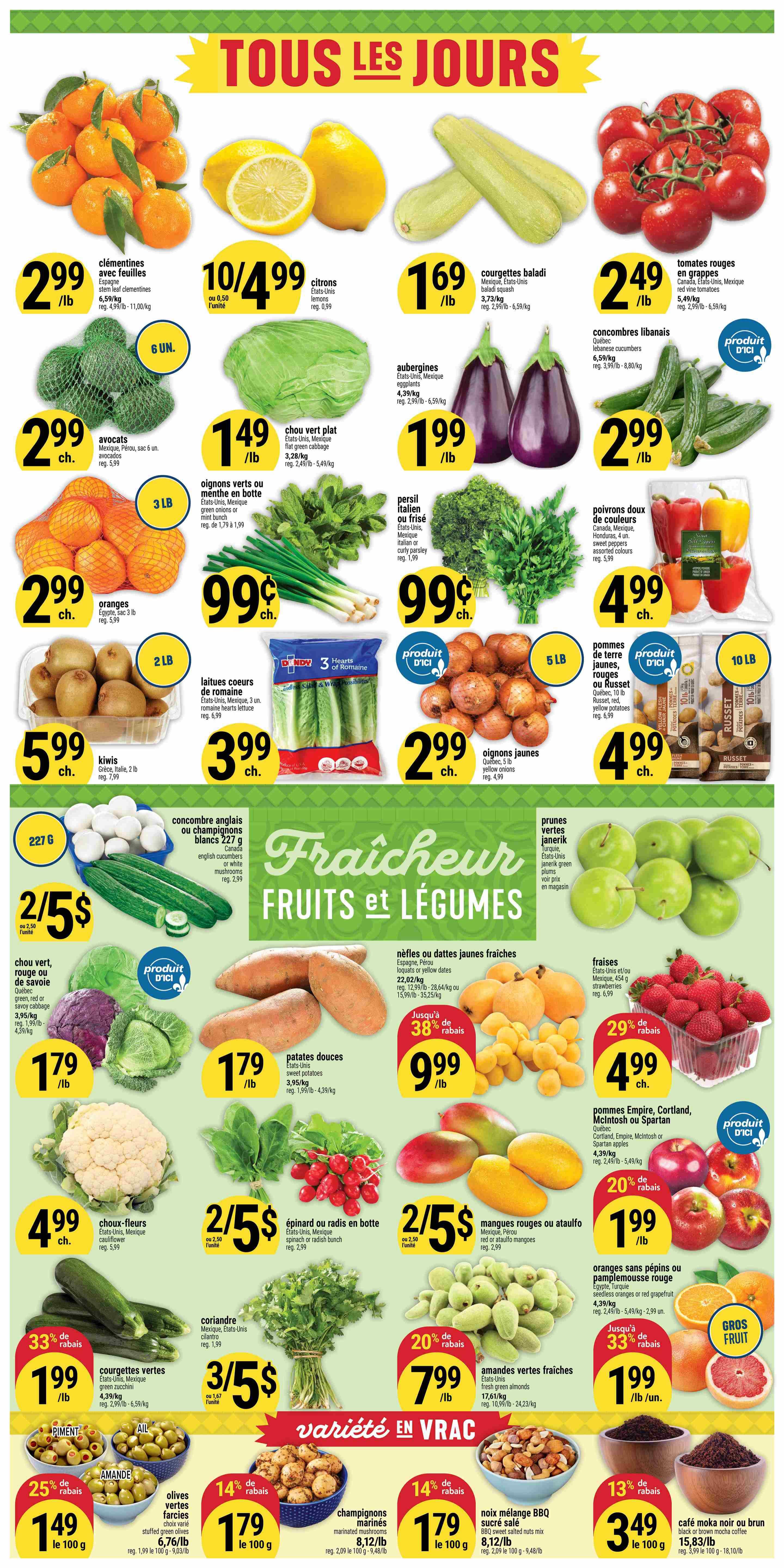 Adonis Weekly Flyer Specials Page 2 features a wide variety of fresh fruits and vegetables. Highlights include Clementines at $2.99/lb, lemons 10 for $4.99, baladi squash at $1.69/lb, and red vine tomatoes for $2.49/lb. Avocados are $2.99 each, green cabbage is $1.49/lb, and eggplants are $1.99/lb. Lebanese cucumbers are $2.99/lb. Also featured are oranges for $2.99/bag (3 lb), green onions at $0.99 each bunch, and Italian or curly parsley for $0.99 each bunch. Kiwis are $5.99/bag (2 lb), romaine hearts lettuce is $3.99/bag, and yellow onions are $2.99/bag. White or English cucumbers are 2 for $5. Green, red or savoy cabbage is $1.79/lb. Sweet potatoes are $1.79/lb. Fresh spinach or radishes are 2 for $5. Red or Ataulfo mangoes are 2 for $5. Cauliflower is $4.99 each. Fresh green zucchini has a 33% discount, selling for $1.99/lb. Fresh almonds are 20% off at $7.99/lb. Yellow potatoes are $4.99/bag (5 lb). Fresh strawberries have a 29% discount, priced at $4.99/bag. Quebec apples (Empire, Cortland, McIntosh or Spartan) are $1.99/lb. Fresh yellow dates are 38% off, selling for $9.99/lb. Oranges or grapefruit are 33% off at $1.99 each. The flyer also offers marinated mushrooms and BBQ sweet mixed nuts for $1.79 per 100g with a 14% discount. Stuffed green olives are 25% off at $1.49 per 100g. Black or brown mocha coffee is $3.49 per 100g with a 13% discount.