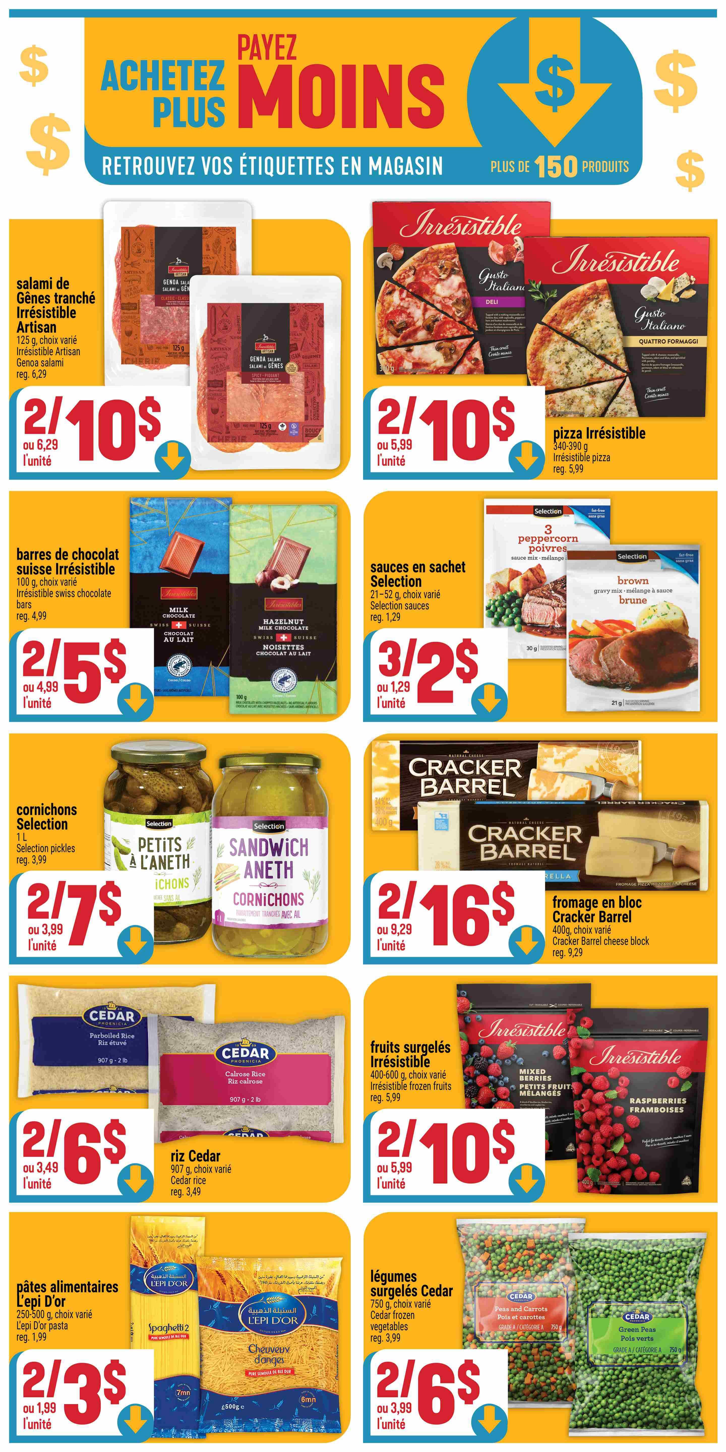 Adonis Weekly Flyer Specials Page 8 features a variety of deals. Save on Irrésistible Artisan Genoa salami, 2 for $10, regularly $6.29 per unit. Irrésistible pizzas are 2 for $10, with a regular price of $5.99 per unit. Enjoy Selection chocolate bars, 2 for $5, down from $4.99 per unit. Selection sauces in a pouch are 3 for $2, or $1.29 each. Selection pickles and cornichons are 2 for $7, regularly $3.99 per unit. Cracker Barrel block cheese is 2 for $16, or $9.29 each. Cedar parboiled and calrose rice are 2 for $6, or $3.49 per unit. Irrésistible frozen fruits, mixed berries and raspberries, are 2 for $10, regularly $5.99 per unit. L'epi d'Or pasta is 2 for $3, or $1.99 per unit. Cedar frozen peas and carrots are 2 for $6, or $3.99 per unit.