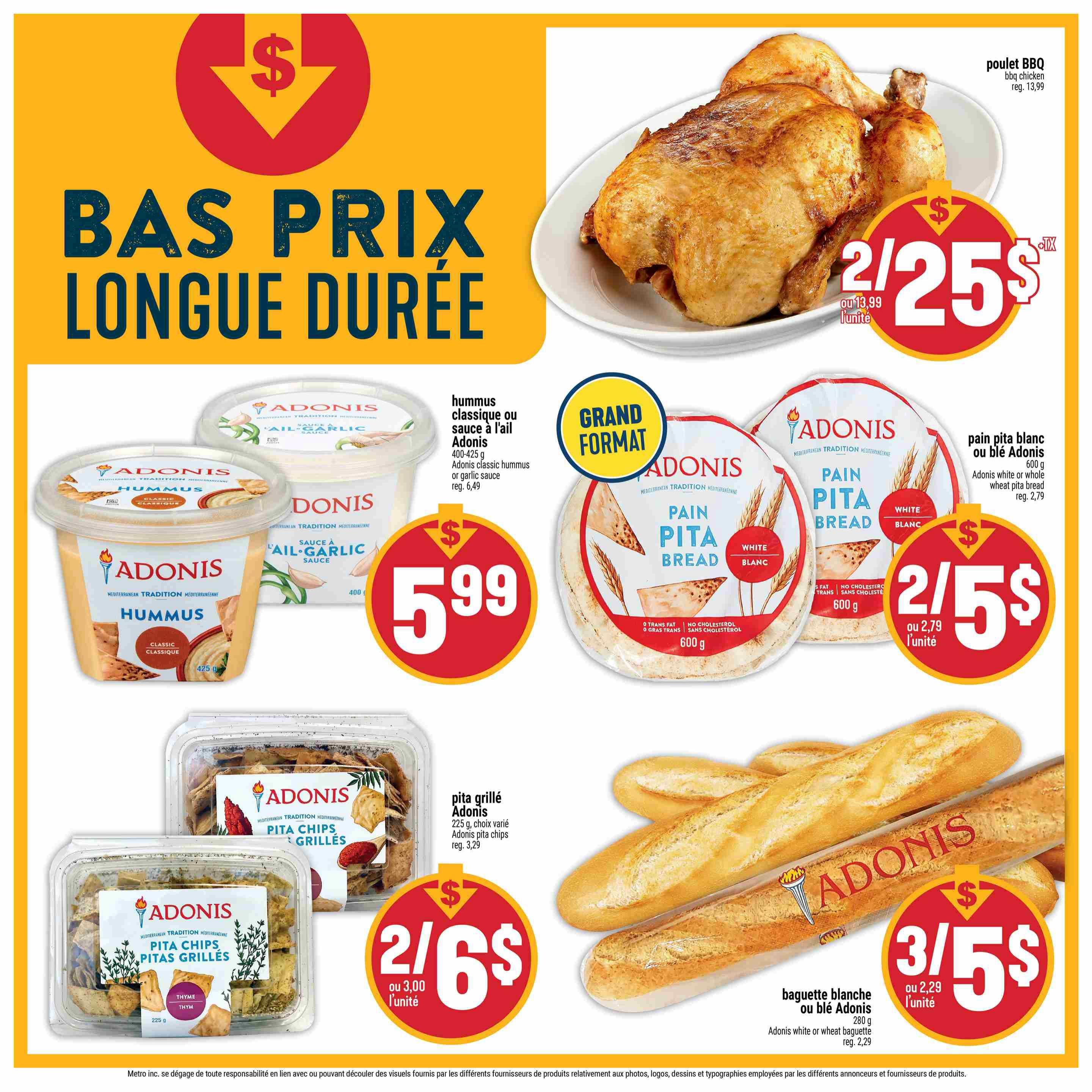 Adonis weekly flyer specials page 9 features a large 'BAS PRIX LONGUE DURÉE' (Long-lasting low prices) graphic. Featured products include BBQ chicken for 2 for $25 (regularly $13.99 each), Adonis classic hummus or garlic sauce (400-425g) for $5.99 (regularly $6.49), Adonis white or whole wheat pita bread (600g) for 2 for $5 (regularly $2.79 each), Adonis pita chips (225g, assorted varieties) for 2 for $6 (regularly $3.29 each), and Adonis white or wheat baguette (280g) for 3 for $5 (regularly $2.29 each).