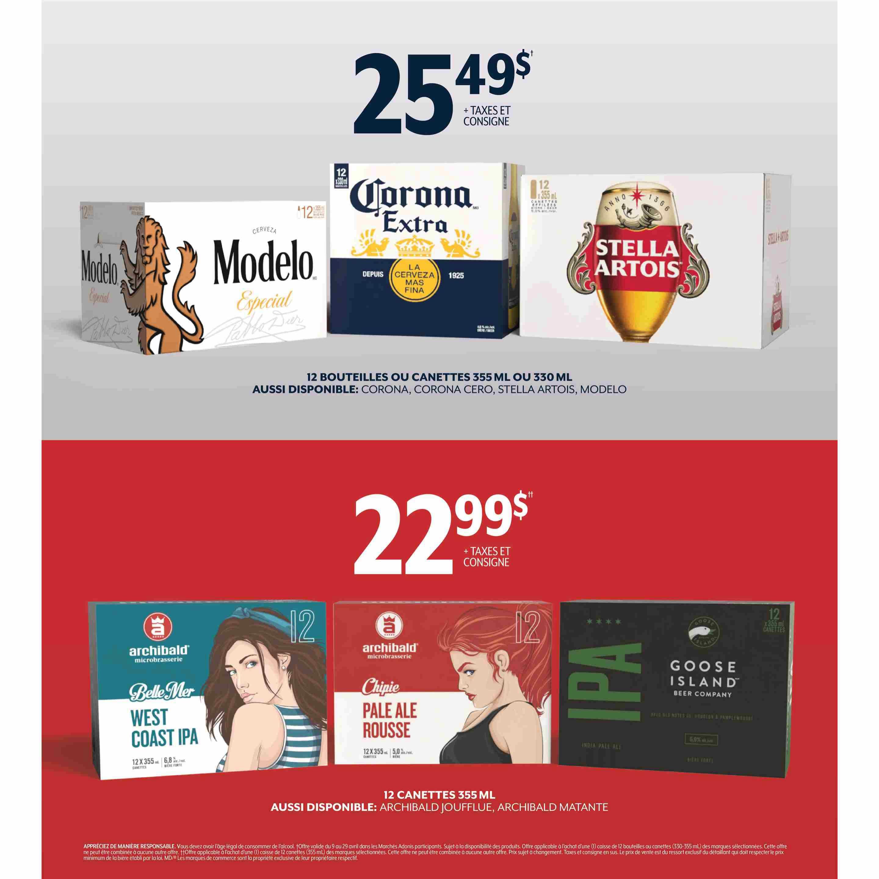 Adonis weekly flyer specials page 10 features a selection of beers. Top section showcases 12-bottle or 12-can packs of Corona Extra, Stella Artois, and Modelo Especial for $25.49 plus taxes and deposit. The bottom section highlights 12-can packs of Archibald Belle Mer West Coast IPA, Archibald Chipie Pale Ale Rousse, and Goose Island IPA for $22.99 plus taxes and deposit. Additional Archibald varieties like Joufflue and Matante are also available.