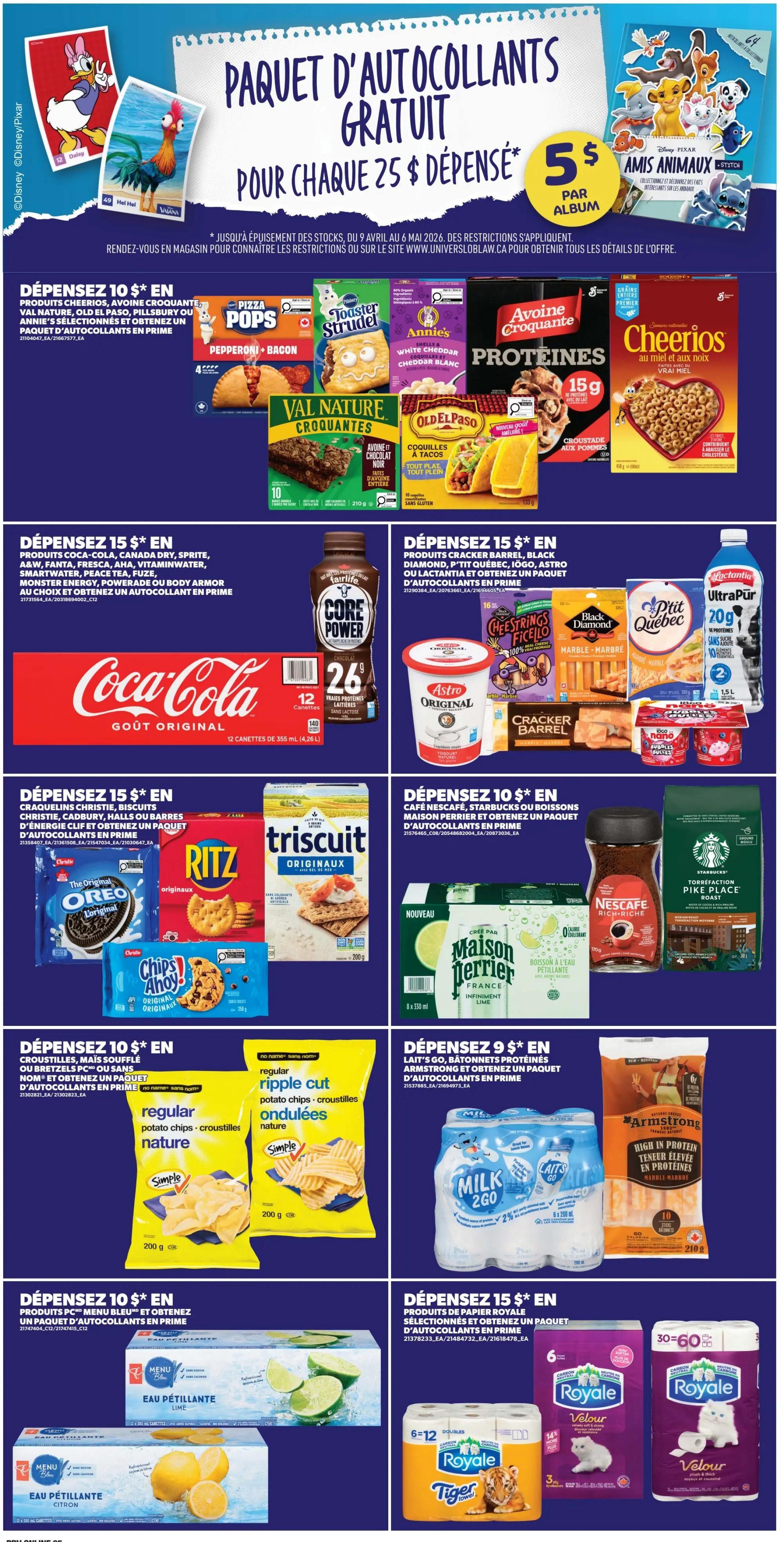 Provigo weekly flyer specials page 5 features a promotion for a free sticker album with every $25 spent, plus a $5 album with purchase. Featured products include Cheerios cereal, Val Nature granola bars, Old El Paso taco shells, and Annie's snacks when you spend $10. Also, Coca-Cola 12-packs and Core Power protein drinks when you spend $15. Other $15 spend offers include Ritz crackers, Christie cookies, Triscuits, Astro Original yogurt, Black Diamond cheese, P'tit Québec cheese, and UltraPūr milk. Spend $10 on Nescafé, Starbucks coffee, or Maison Perrier sparkling water to get a sticker pack. Simple brand potato chips are featured for a $10 spend. Laits Go! protein bars and Armstrong protein bars are available with a $9 spend. Menu Bleu sparkling water (lime and lemon) is featured for a $10 spend. Finally, Royale Tiger Towel and Royale Velour toilet paper are available with a $15 spend.