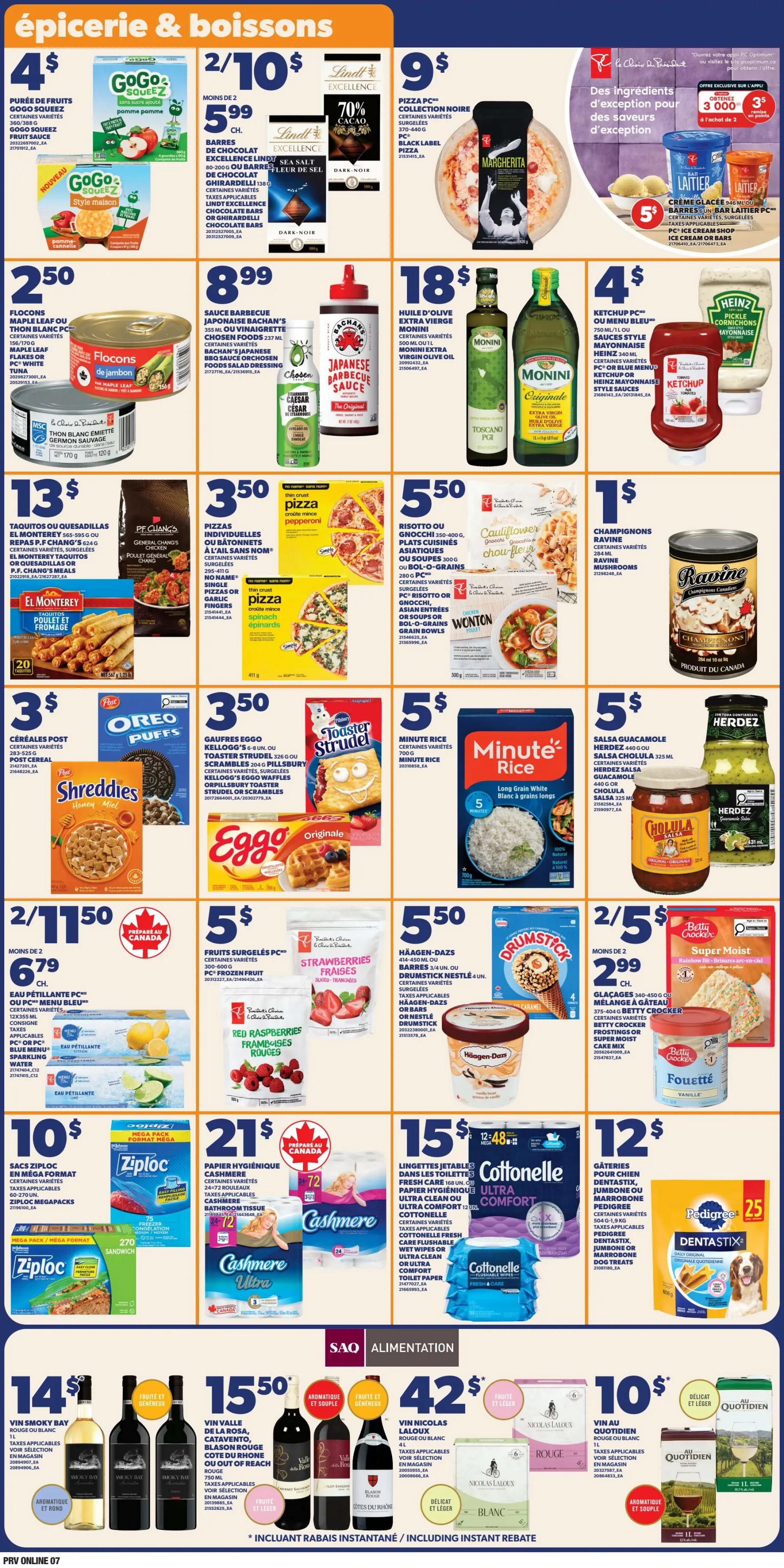 Provigo weekly flyer specials page 8 features a variety of grocery items. Top section includes GoGo Squeez fruit pouches for $4, Lindt Excellence chocolate bars with 70% off, and PC Collection Noir pizza for $9. Also featured are Flocons maple leaf tuna for $2.50, Bachan's Japanese barbecue sauce for $8.99, and Monini extra virgin olive oil for $18. Heinz ketchup or mayonnaise style sauces are $4. The next row offers P.F. Chang's meals for $13, P.F. Chang's chicken for $3.50, Smith's thin crust pizza for $3.50 each, and Cauliflower & Gnocchi risotto or bowls for $5.50. Ravine mushrooms are $1. Post cereals like Shreddies and Oreo Puffs are $3. Eggo waffles are $3.50. Minute Rice is $5.50. PC frozen fruit is 2 for $5. Häagen-Dazs ice cream bars are $5.50. Betty Crocker Super Moist cake mix and frosting are 2 for $2.99. Bottom section includes Ziploc mega bags for $10, Cashmere Ultra toilet paper for $21, and Cottonelle ultra comfort toilet paper for $15. Pedigree Dentastix are $12. The bottom row showcases wine selections: Vin Smoky Bay for $14, Vin Valle de la Rosa for $15.50, Vin Nicolas Laloux for $42, and Vin au Quotidien for $10.