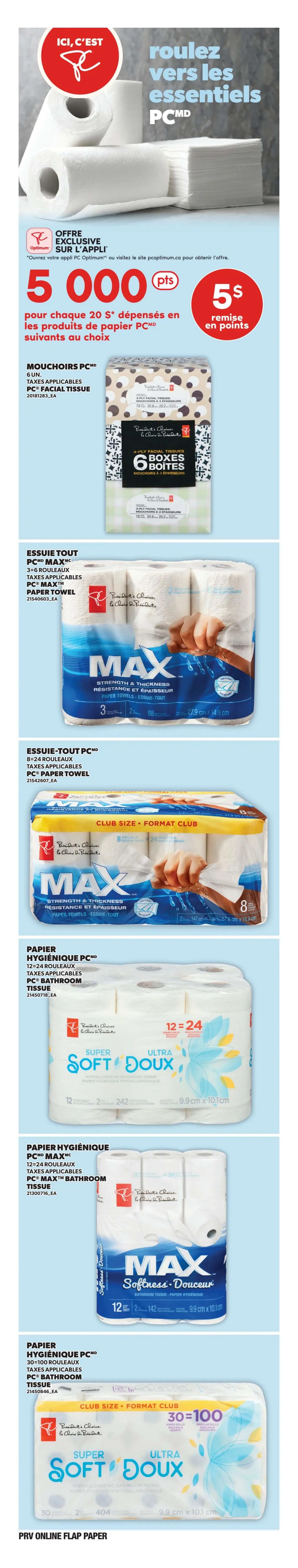 Provigo flyer page 9 features paper products with a special offer: get 5,000 PC Optimum points for every $20 spent on select PC paper products, equivalent to $5 in points. Featured items include PC Facial Tissues, 6 boxes; PC Max Paper Towels, 3=6 rolls; PC Max Paper Towels, 8=24 rolls (club size); PC Bathroom Tissue, 12=24 rolls (Super Soft Doux); PC Max Bathroom Tissue, 12=24 rolls (Max Softness Douceur); and PC Bathroom Tissue, 30=100 rolls (Super Soft Ultra Doux).
