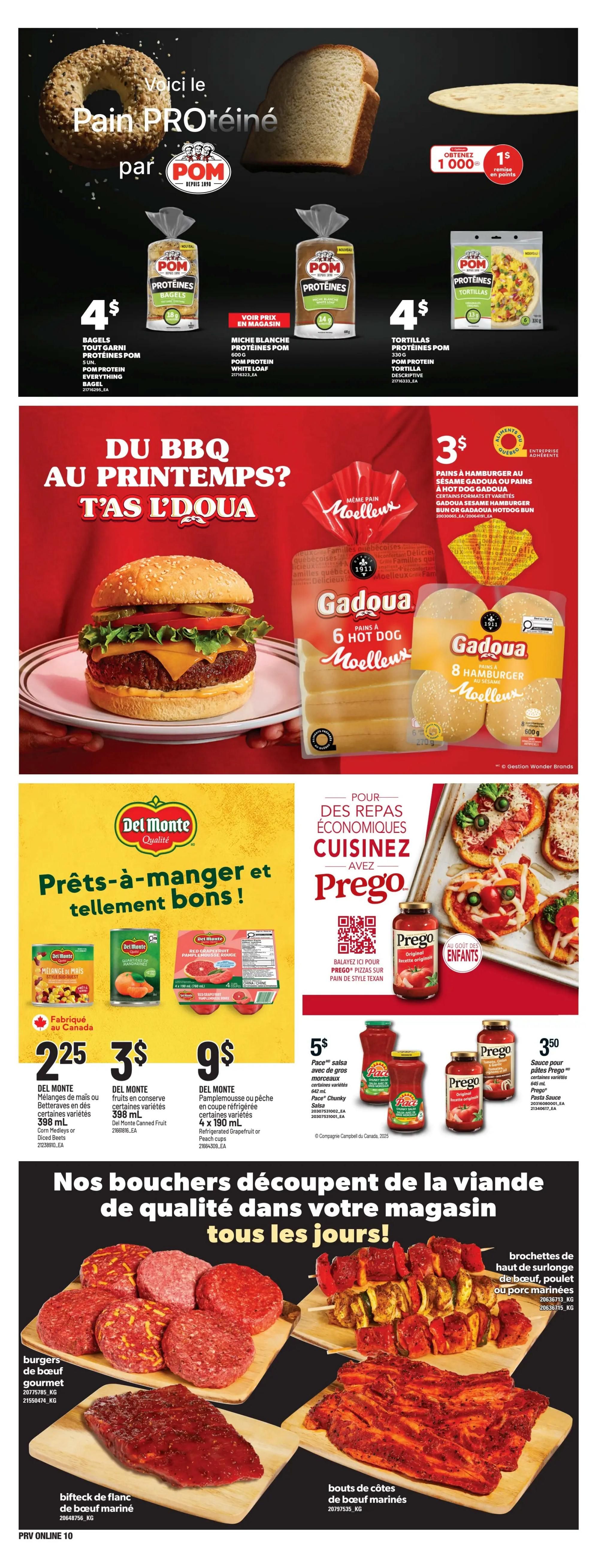 Provigo weekly flyer specials page 12 featuring POM Protein bread products including bagels for $4, white loaf for a visible price, and tortillas for $4. Also featured are Gadoua hamburger and hot dog buns, with a special offer of 1000 points for $1 off. Del Monte canned fruits and vegetables are on sale, with corn or mixed vegetables for $2.25, canned fruit for $3, and grapefruit or peach cups for $9. Prego pizza sauce is available for $3.50, and Pace salsa is $5. The page highlights fresh cut meats with gourmet beef burgers, marinated beef flank steak, marinated beef ribs, and beef or pork skewers.