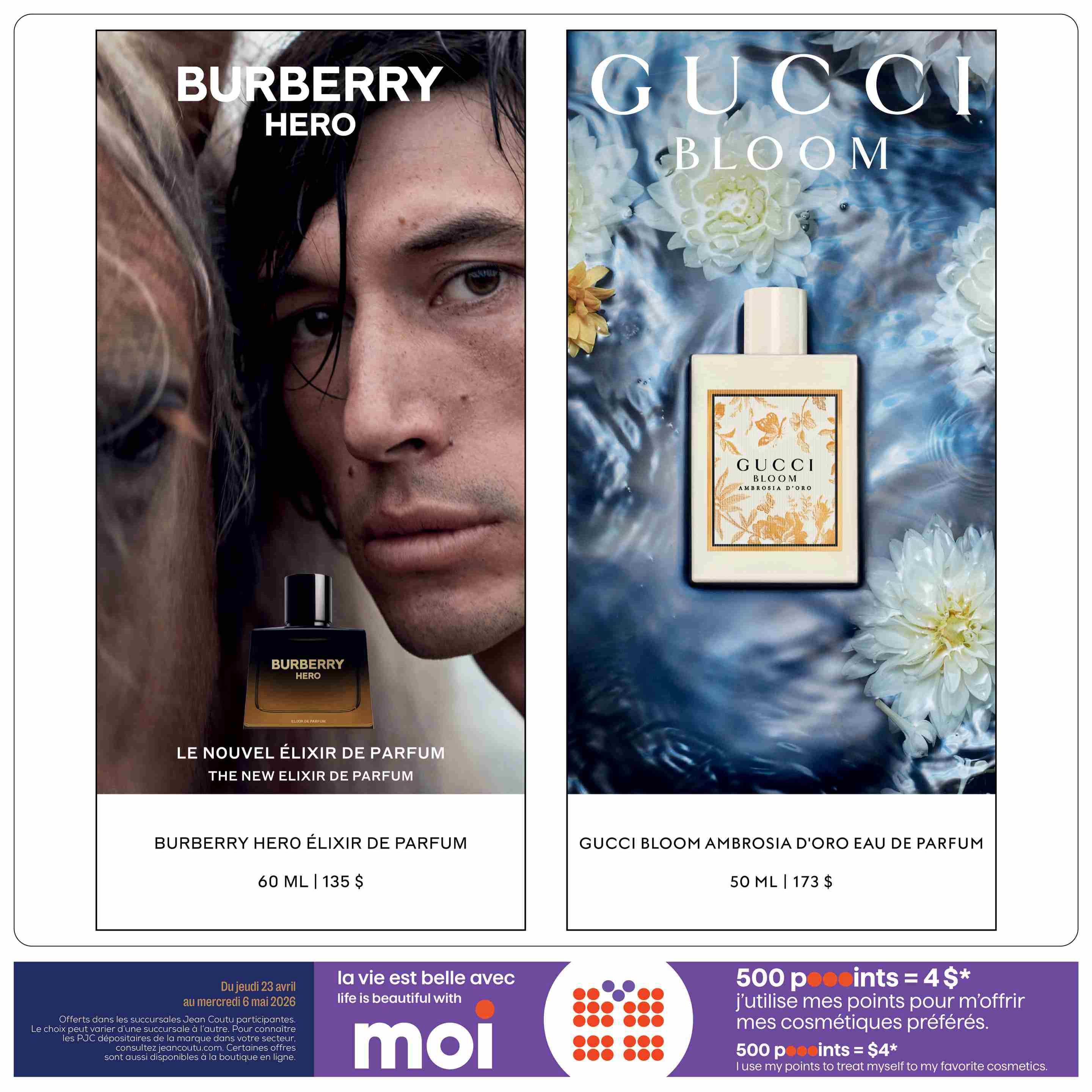 Jean Coutu flyer page 5 features two luxury fragrances. On the left, Burberry Hero Elixir de Parfum, 60 ml, is priced at $135. On the right, Gucci Bloom Ambrosia d'Oro Eau de Parfum, 50 ml, is priced at $173. The bottom section highlights a 'moi' promotion: 500 points equals $4 off, with the text 'I use my points to treat myself to my favorite cosmetics.' Offers are valid from April 23 to May 6, 2026, at participating Jean Coutu stores and online.