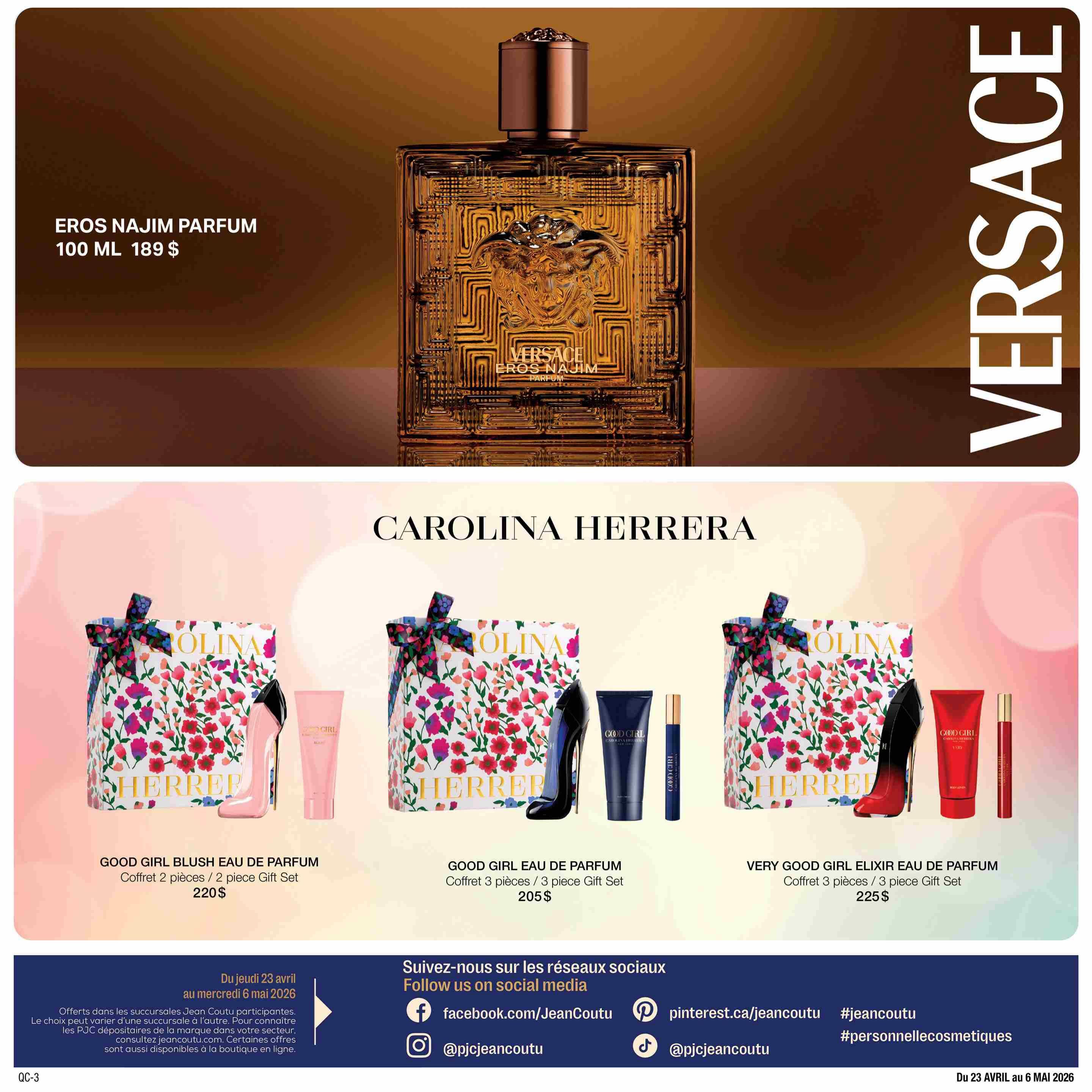 Jean Coutu Prestige Collection flyer, page 6. Features Versace Eros Najim Parfum 100 ML for $189. Also showcases Carolina Herrera fragrances: Good Girl Blush Eau de Parfum 2-piece Gift Set for $220, Good Girl Eau de Parfum 3-piece Gift Set for $205, and Very Good Girl Elixir Eau de Parfum 3-piece Gift Set for $225. The flyer is valid from April 23 to May 6, 2026. Follow Jean Coutu on social media via Facebook, Instagram, Pinterest, and TikTok.