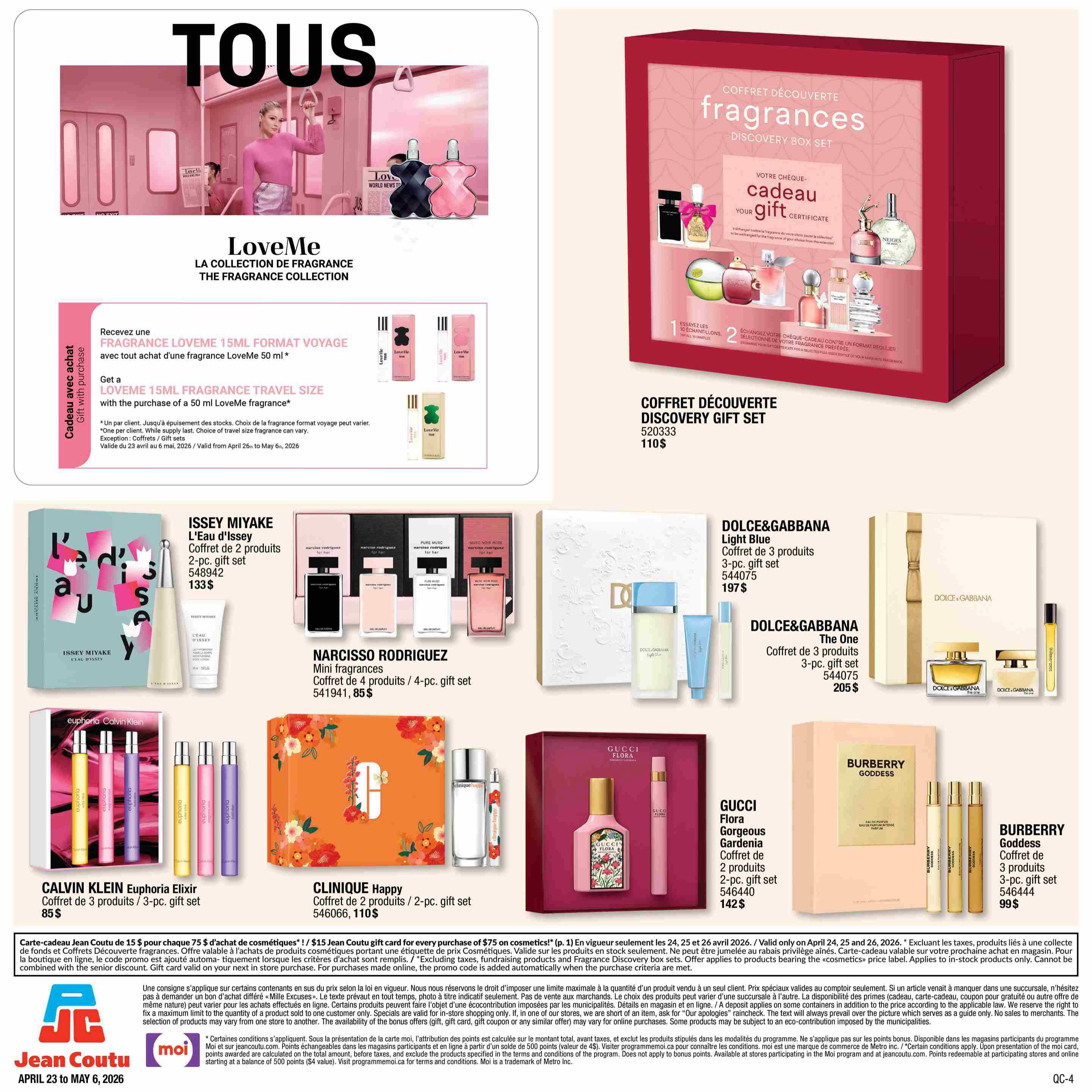 Jean Coutu flyer page 8 features a selection of fragrances and gift sets. A promotion offers a 15ml LoveMe fragrance travel size with the purchase of a 50ml LoveMe fragrance. Featured products include the LoveMe fragrance collection, a Discovery Box Set of fragrances for $110, Issey Miyake L'Eau d'Issey 2-piece gift set for $133, Narciso Rodriguez mini fragrances 4-piece gift set for $85, Calvin Klein Euphoria Elixir 3-piece gift set for $85, Clinique Happy 2-piece gift set for $110, Gucci Flora Gorgeous Gardenia 2-piece gift set for $142, Dolce & Gabbana Light Blue 3-piece gift set for $197, Dolce & Gabbana The One 3-piece gift set for $205, and Burberry Goddess 3-piece gift set for $99. A special offer provides a $15 Jean Coutu gift card for every $75 purchase of cosmetics, valid April 23 to May 6, 2026.