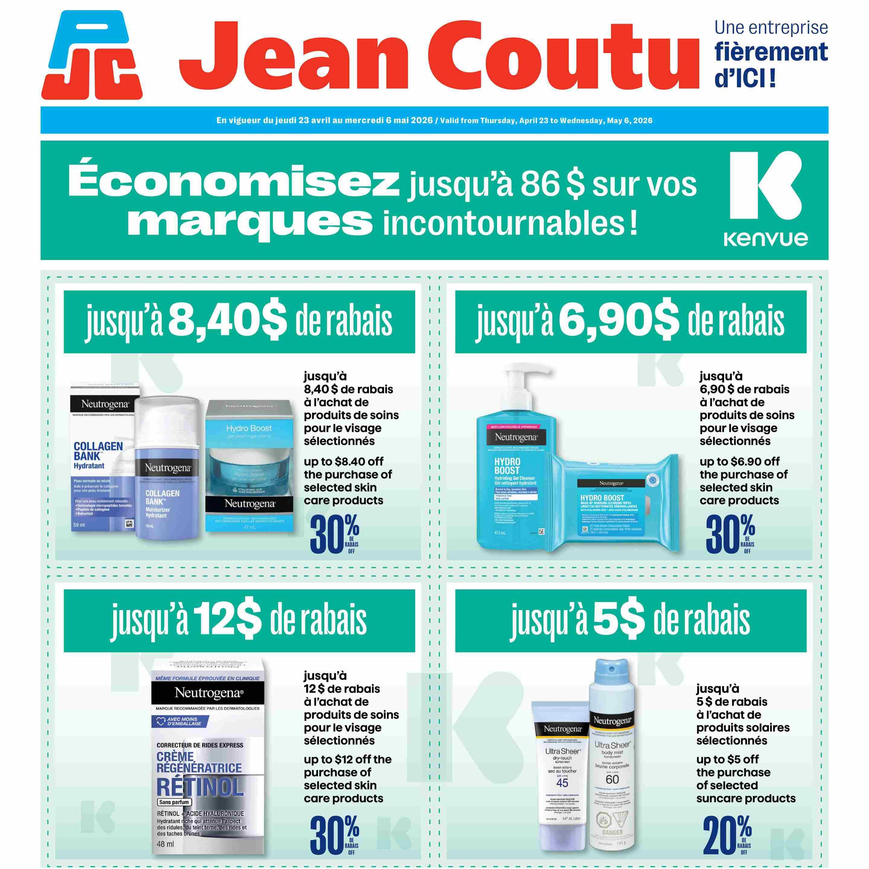 Jean Coutu flyer, page 9. Save up to $86 on must-have brands. Top left: Neutrogena Collagen Bank Hydrating cream, up to $8.40 off selected skincare, 30% off. Top right: Neutrogena Hydro Boost Hydrating Cleanser and wipes, up to $6.90 off selected skincare, 30% off. Bottom left: Neutrogena Retinol Correcting Cream, up to $12 off selected skincare, 30% off. Bottom right: Neutrogena Ultra Sheer Dry-touch sunscreen and body mist sunscreen, up to $5 off selected suncare products, 20% off.