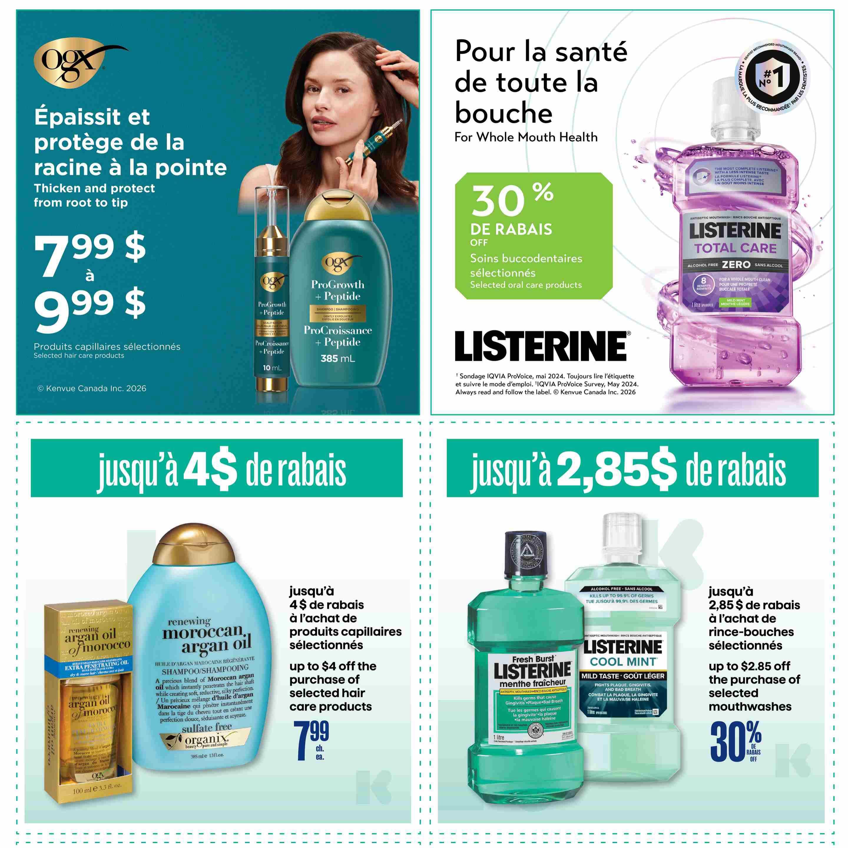 Jean Coutu flyer page 11 featuring OGX hair care products and Listerine oral care. The top left section showcases OGX ProGrowth + Peptide shampoo and serum, priced between $7.99 and $9.99 for selected hair care products. The top right section highlights Listerine Total Care mouthwash with a 30% discount on selected oral care products. The bottom left features Organix Renewing Moroccan Argan Oil shampoo and Extra Penetrating Oil, with up to $4 off selected hair care products, priced at $7.99 each. The bottom right displays Listerine Fresh Burst and Cool Mint mouthwashes, offering up to $2.85 off selected mouthwashes, with an additional 30% discount.
