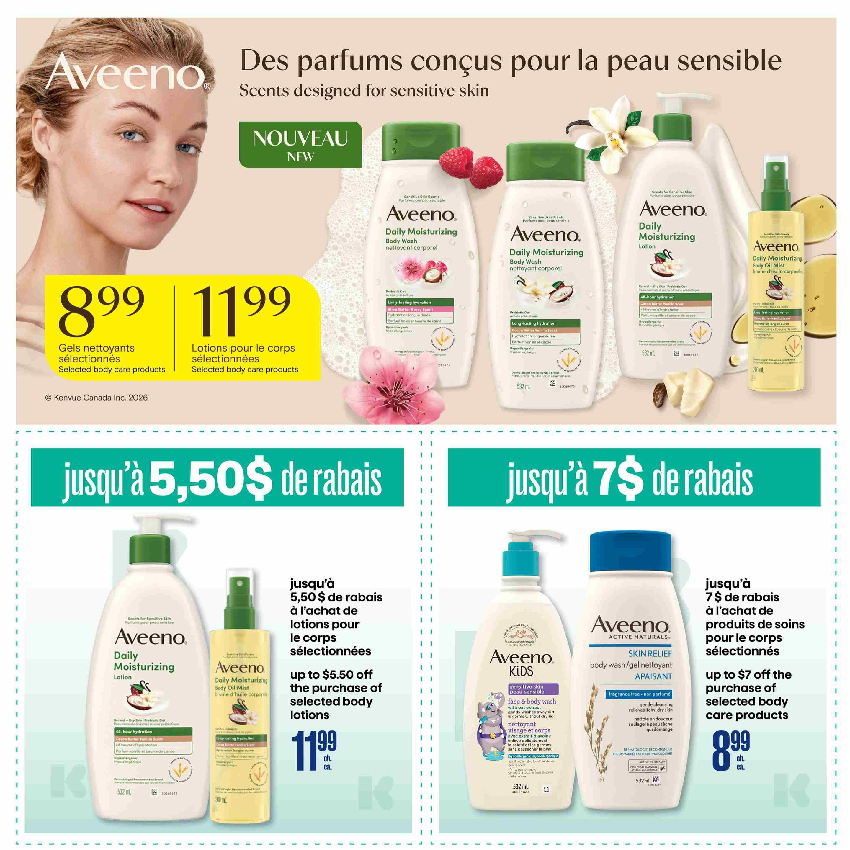 Jean Coutu flyer page featuring Aveeno products. The top section highlights Aveeno scents designed for sensitive skin, with a 'Nouveau' (New) banner. Featured products include Aveeno Daily Moisturizing Body Wash in Shea Butter Berry Scent for $8.99 and Aveeno Daily Moisturizing Lotion in Cocoa Butter Vanilla Scent for $11.99. The bottom section offers discounts: up to $5.50 off the purchase of selected Aveeno body lotions, with a price of $11.99 each for the Daily Moisturizing Lotion and Daily Moisturizing Body Oil Mist. Another offer provides up to $7 off the purchase of selected body care products, featuring Aveeno Kids Face & Body Wash and Aveeno Skin Relief Body Wash/Gel Nettoyant Apaisant, priced at $8.99 each.