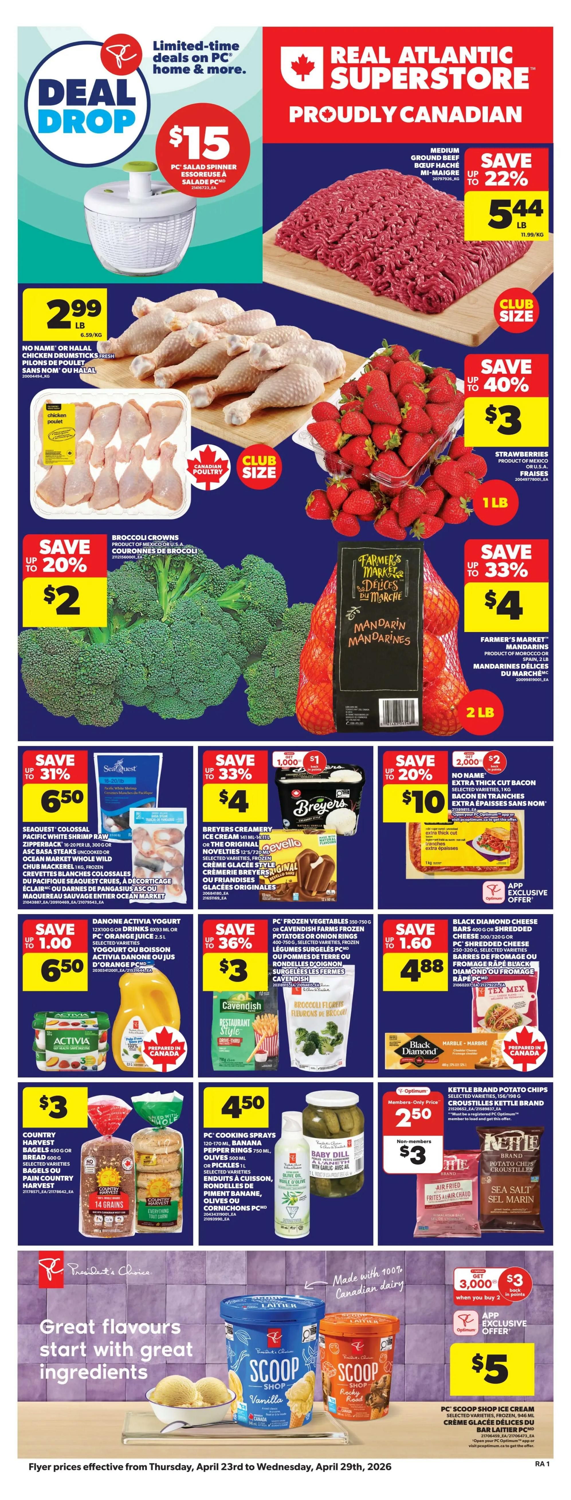Atlantic Superstore weekly flyer specials. Get a FREE Disney Pixar sticker pack for every $25 spent, valid from April 9th to May 6th. Featured products include Christie Ritz, Triscuit, or Wheat Thins Crackers for $2. PC Kettle Cooked or Rippled Kettle Potato Chips are $2.50. Save up to 42% on Kraft Cheez Whiz Cheese Spread, Kraft Singles, Velveeta Cheese Slices, Philadelphia Dip, or Cream Cheese for $4. Royale Bathroom Tissue (12 double rolls), Tiger Towel Paper (3-6 rolls), or Facial Tissue (6's) are on sale for $6, saving up to 57%. Buy 2 PC or Blue Menu Sparkling Water (12x355ml) for $11.50, or $6.79 each.