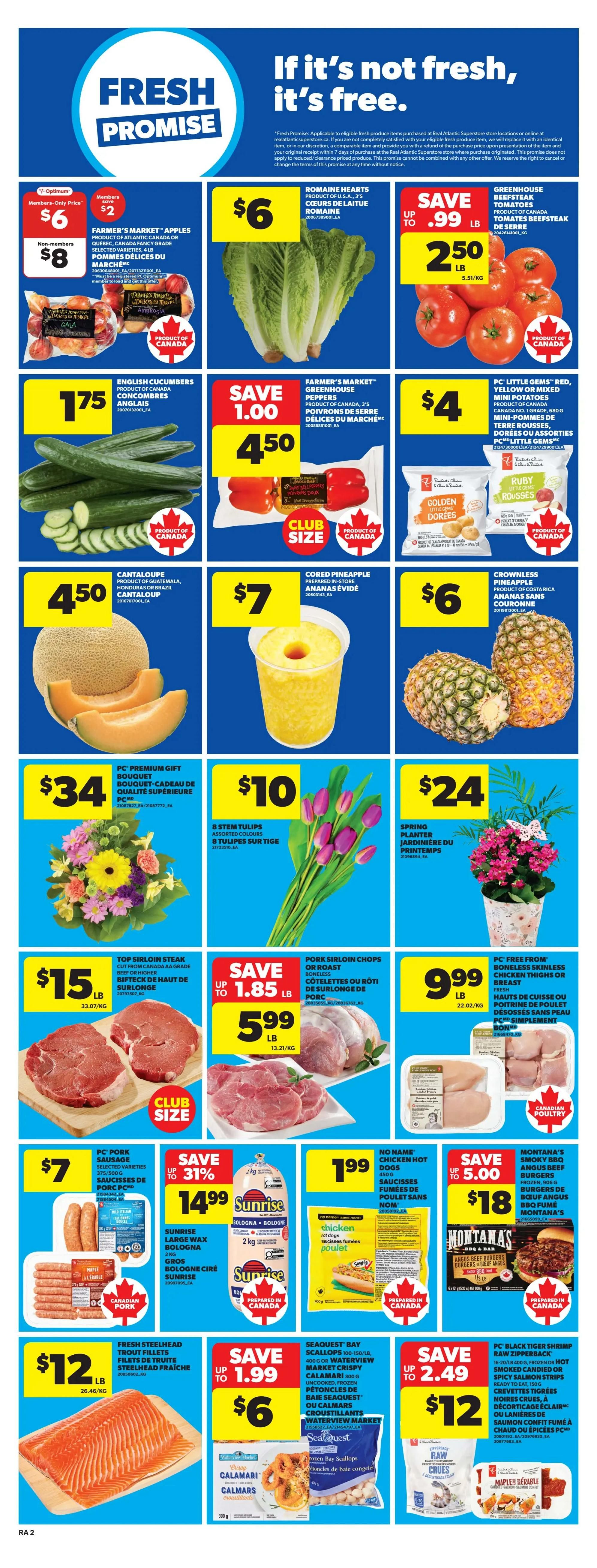 Atlantic Superstore weekly flyer specials page 5. Features 'Fresh Promise' with Romaine Hearts for $6, Farmer's Market Apples for $8 (members $6), and Greenhouse Beefsteak Tomatoes for $2.50/lb. Also available are English Cucumbers for $1.75, Farmer's Market Peppers for $4.50, and PC Little Gems Mini Potatoes for $4. Cantaloupe is $4.50, Cored Pineapple is $7, and Crownless Pineapple is $6. Floral offerings include a PC Premium Gift Bouquet for $34 and 8 Stem Tulips for $10, plus a Spring Planter for $24. Meat specials include Top Sirloin Steak for $15/lb, Pork Sirloin Chops for $5.99/lb, and PC Free From Boneless Skinless Chicken Thighs or Breast for $9.99/lb. Other deals include PC Pork Sausage for $7, Sunrise Large Wax Bologna for $14.99 (save 31%), No Name Chicken Hot Dogs for $1.99, and Montana's Angus Beef Burgers for $18. Seafood deals feature Fresh Steelhead Trout Fillets for $12/lb and Seaquest Bay Scallops for $6 (save $1.99). Finally, PC Black Tiger Shrimp Raw Zipperback is $12.