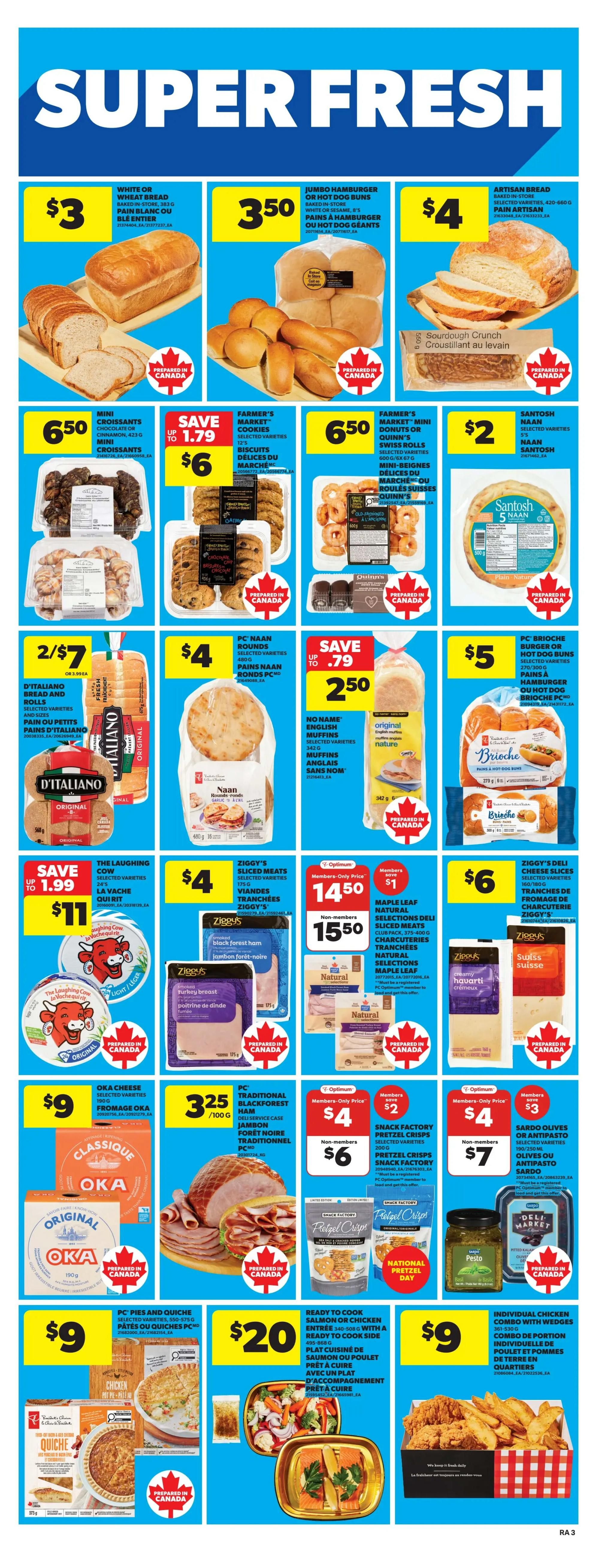 Atlantic Superstore weekly flyer specials page 6 features a 'Super Fresh' theme. Highlighted items include White or Wheat Bread for $3, Jumbo Hamburger or Hot Dog Buns for $3.50, and Artisan Bread for $4. Also featured are Mini Croissants for $6.50, Farmer's Market Cookies for up to $1.79 off, now $6, and Farmer's Market Mini Donuts or Quinn's Swiss Rolls for $6.50. Santosh Naan is available for $2. D'Italiano Bread and Rolls are 2 for $7. PC Naan Rounds are $4, and No Name English Muffins are on sale for $2.50, saving up to $0.79. Brioche Burger or Hot Dog Buns are $5. The Laughing Cow Cheese is on special for $11, saving up to $1.99. Ziggy's Sliced Meats are $4. Maple Leaf Natural Sliced Meats and Charcuterie are $14.50 for members and $15.50 for non-members. Ziggy's Deli Cheese Slices are $6. Oka Cheese is $9. PC Traditional Black Forest Ham is $3.25 per 100g. Snack Factory Pretzel Crisps are $4 for members and $7 for non-members. Sardo Olives or Antipasto are $4 for members and $7 for non-members. PC Pies and Quiches are $9. Ready to Cook Salmon or Chicken Entree is $20. Individual Chicken Combo with Wedges is $9.