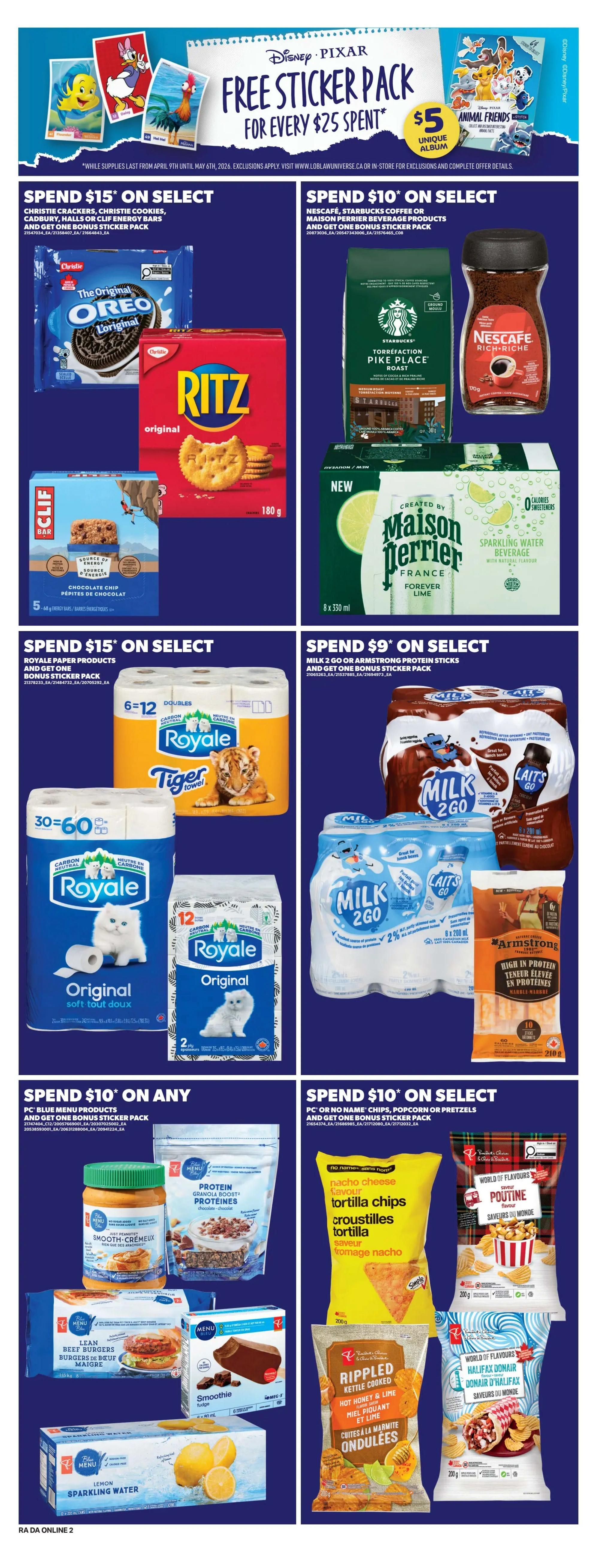 Atlantic Superstore weekly flyer specials page 11 features a Disney Pixar free sticker pack offer for every $25 spent. Promotions include: Spend $15 on select Christie Crackers, Christie Cookies, Cadbury, Halls, or Clif Energy Bars and get one bonus sticker pack. Products shown are Oreo cookies and Ritz crackers. Spend $10 on select Nescafé, Starbucks Coffee, or Maison Perrier beverage products and get one bonus sticker pack. Products shown are Starbucks Torréfaction Pike Place Roast coffee and Nescafé Rich-Riche coffee, plus Maison Perrier Forever Lime sparkling water. Spend $15 on select Royale paper products and get one bonus sticker pack, featuring Royale Tiger Towels and Royale Original soft toilet paper. Spend $9 on select Milk 2 Go or Armstrong Protein Sticks and get one bonus sticker pack, featuring Milk 2 Go chocolate milk and Armstrong High in Protein sticks. Spend $10 on any PC Blue Menu products and get one bonus sticker pack, featuring PC Blue Menu Smooth-Creamy Peanut Butter, Protein Granola Boost, Lean Beef Burgers, Fudge Smoothies, and Lemon Sparkling Water. Spend $10 on select PC or No Name chips, popcorn, or pretzels and get one bonus sticker pack, featuring PC Rippled Kettle Cooked Hot Honey & Lime chips, PC World of Flavours Poutine chips, and PC World of Flavours Halifax Donair chips.