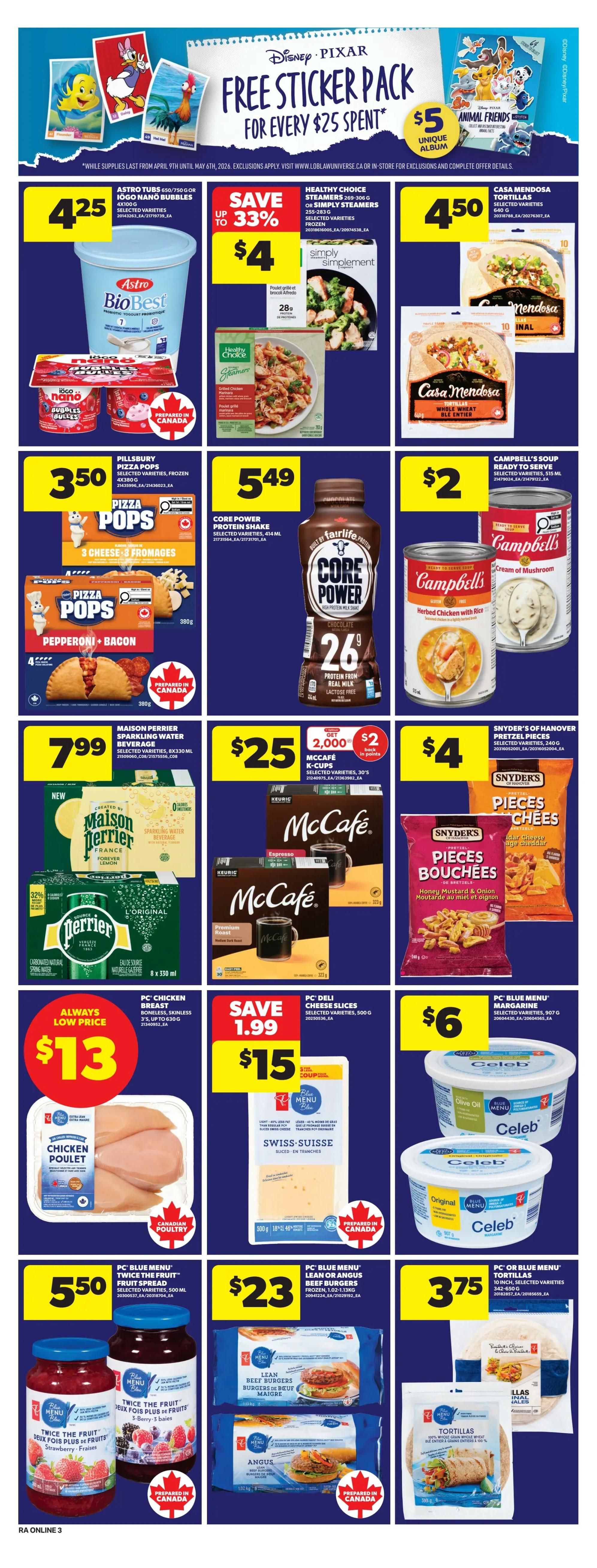Atlantic Superstore weekly flyer specials page 12 features a Disney Pixar free sticker pack promotion for every $25 spent. Featured products include Astro BioBest tubs for $4.25, Healthy Choice Simply Steamers for $4 (save up to 33%), and Casa Mendosa tortillas for $4.50. Also on sale are Pillsbury Pizza Pops for $3.50, Core Power Protein Shake for $5.49, and Campbell's Soup for $2. McCafé K-Cups are $25 with a $2 back in points offer, and Snyder's of Hanover Pretzel Pieces are $4. Perrier sparkling water is $7.99. PC Chicken Breast is always a low price at $13. PC Deli Cheese Slices are on sale for $15 (save $1.99). PC Blue Menu Margarine is $6. PC Blue Menu Twice The Fruit Spread is $5.50. PC Blue Menu Lean or Angus Beef Burgers are $23. PC Blue Menu Tortillas are $3.75.