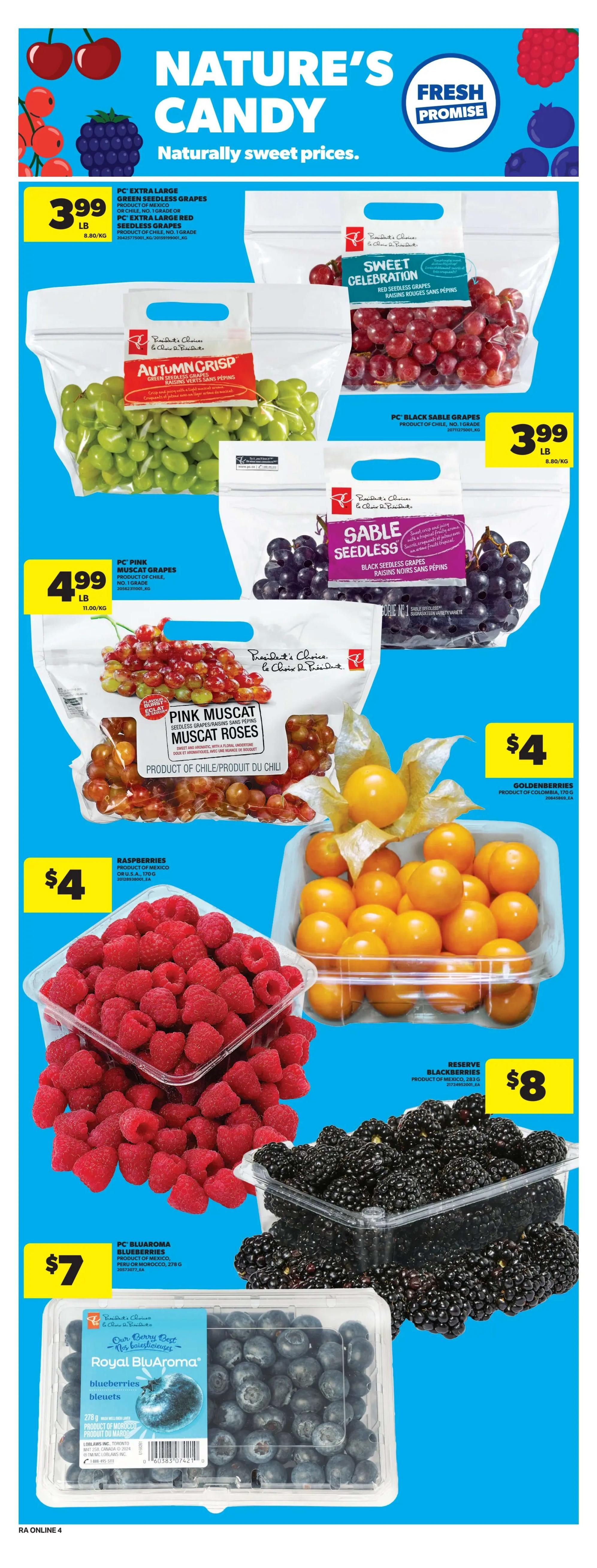 Atlantic Superstore flyer page featuring 'Nature's Candy' with naturally sweet prices. Offers include PC Extra Large Green Seedless Grapes and PC Extra Large Red Seedless Grapes for $3.99 per lb. Also available are Autumn Crisp Green Seedless Grapes and Sweet Celebration Red Seedless Grapes. PC Pink Muscat Roses Grapes are priced at $4.99 per lb. Fresh produce includes Raspberries for $4, Goldenberries for $4, Reserve Blackberries for $8, and PC Bluearoma Blueberries for $7.