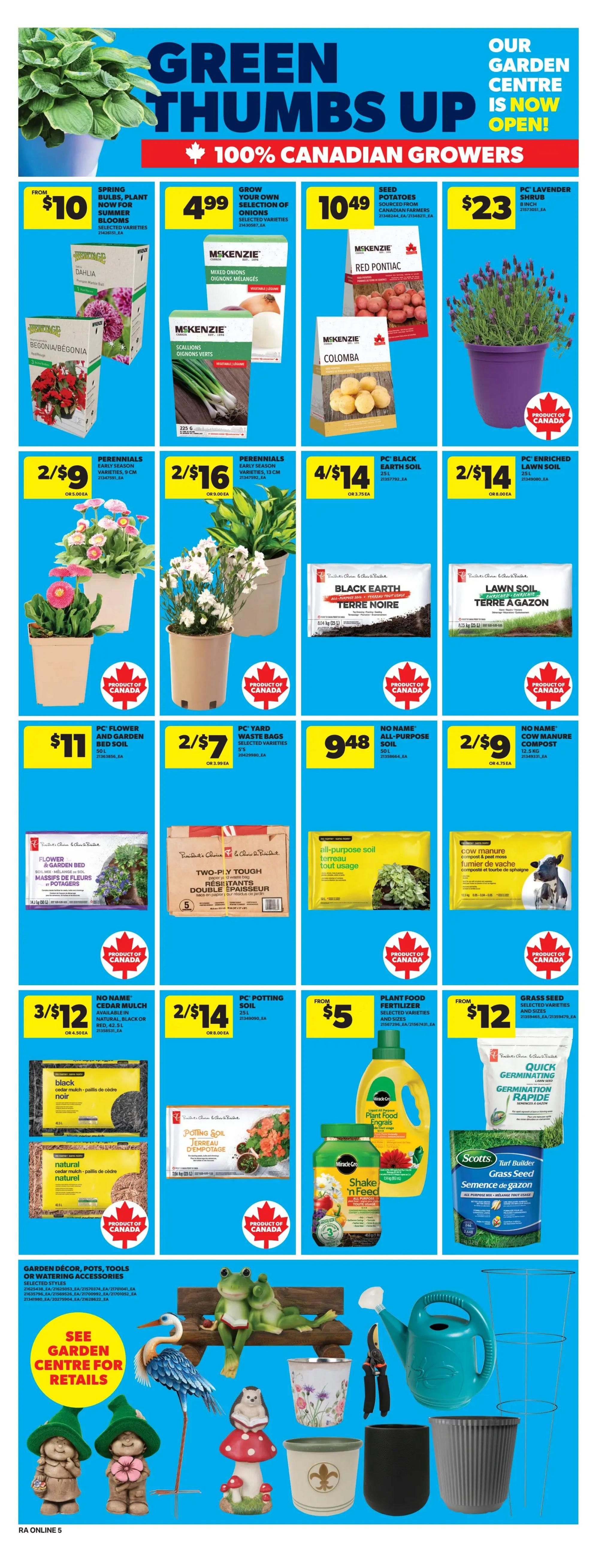 Atlantic Superstore weekly flyer specials page 14 features 'Green Thumbs Up' garden centre items. Spring bulbs like Dahlia and Begonia are from $10. McKenzie's onions, including mixed and green varieties, are available. Seed potatoes like Red Pontiac and Colomba are $10.49. A PC Lavender Shrub is $23. Perennials are 2 for $9 or 2 for $16. PC Black Earth Soil is 4 for $14, and PC Enriched Lawn Soil is 2 for $14. PC Flower and Garden Bed Soil is $11. PC Yard Waste Bags are 2 for $7. No Name All-Purpose Soil is 948 cents. No Name Cedar Mulch is 3 for $12. PC Potting Soil is 2 for $14. Miracle-Gro Plant Food Fertilizer is from $5. Scotts Grass Seed is from $12. The page also displays garden decor including ceramic frogs, a heron, mushroom figures, and various pots and planters, with a note to 'See Garden Centre for Details'.