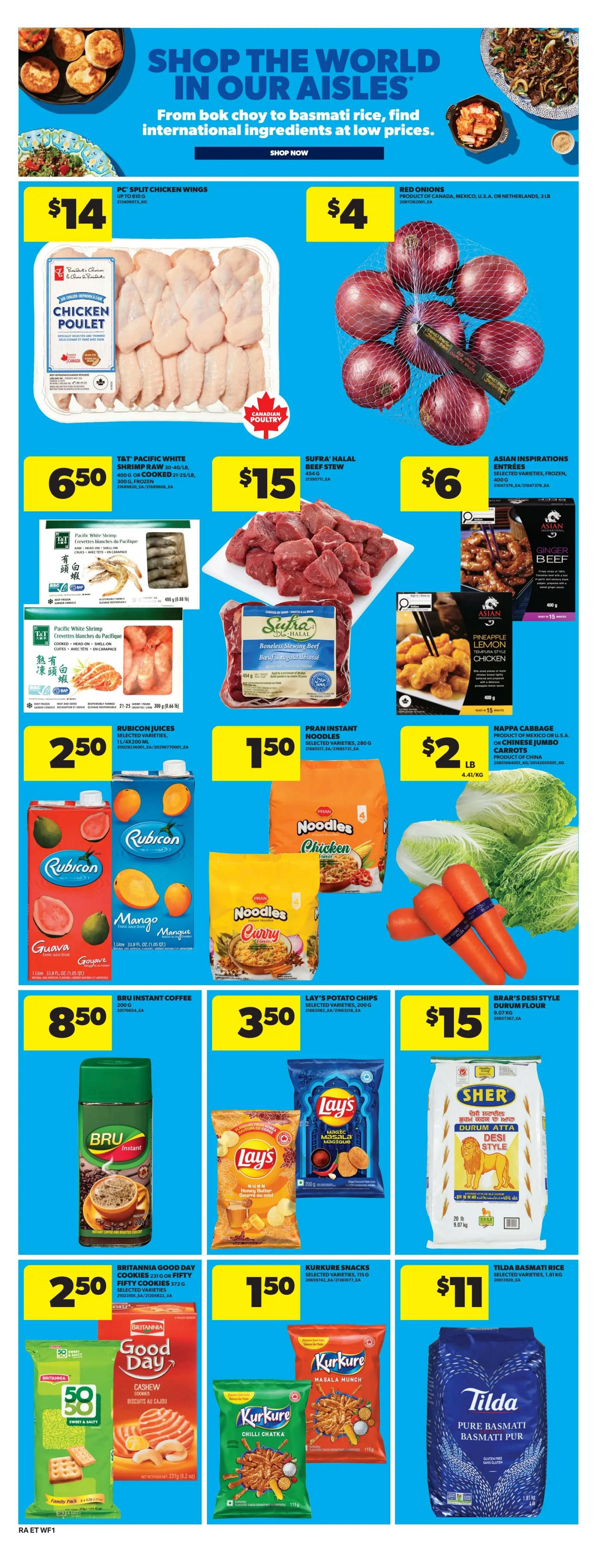 Atlantic Superstore weekly flyer specials page 18 features a 'Shop the World in Our Aisles' theme. Featured items include PC Split Chicken Wings for $14, Red Onions for $4, T&T Pacific White Shrimp Raw or Cooked for $6.50, Sufra Halal Beef Stew for $15, and Asian Inspirations Entrees like Ginger Beef and Pineapple Lemon Chicken Tempura for $6 each. Also available are Rubicon Juices selected varieties for $2.50, Pran Instant Noodles selected varieties for $1.50, Nappa Cabbage and Chinese Jumbo Carrots for $2 per pound, Bru Instant Coffee for $8.50, Lay's Potato Chips selected varieties for $3.50, and Brar's Desi Style Durum Flour for $15. Snack options include Britannia Good Day Cookies and Fifty Fifty Cookies for $2.50, and Kurkure Snacks selected varieties for $1.50. Tilda Basmati Rice is available for $11.