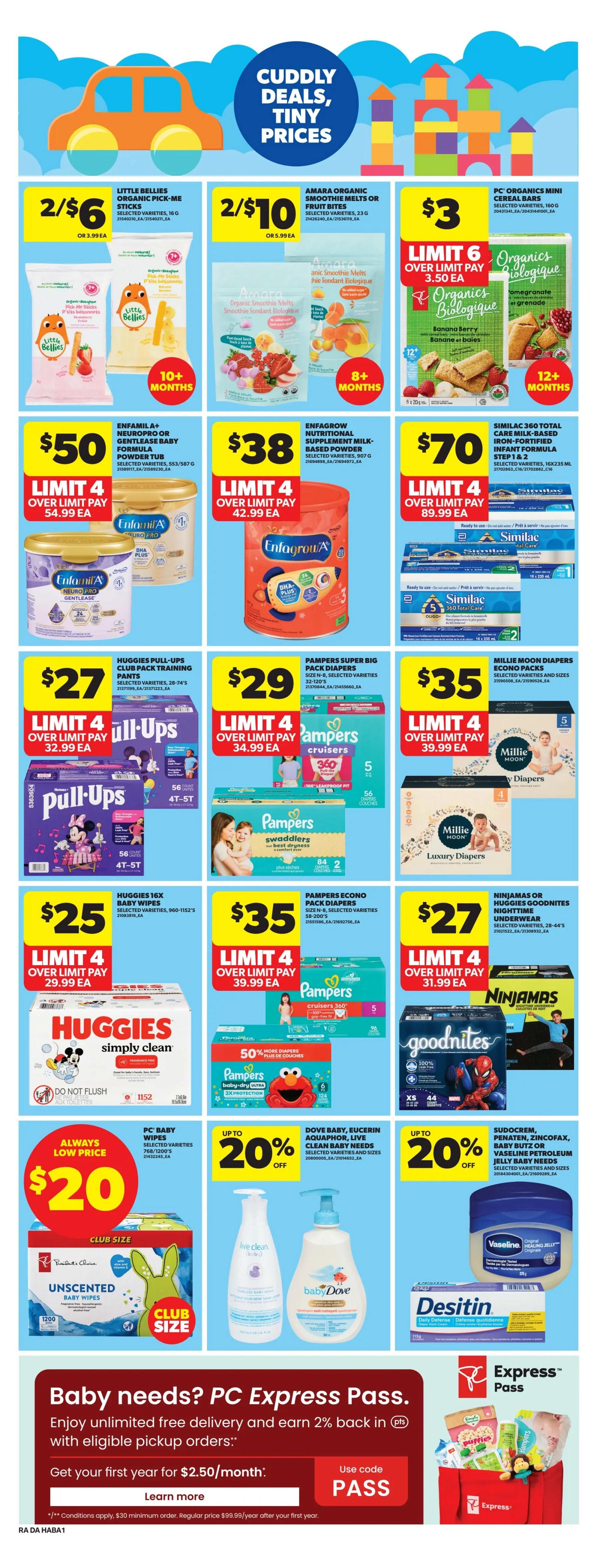 Atlantic Superstore weekly flyer specials page 20 features 'Cuddly Deals, Tiny Prices' on baby essentials. Offers include Little Bellies Organic Pick-Me Sticks for 2/$6, Amara Organic Smoothie Melts or Fruit Bites for 2/$10, and PC Organics Mini Cereal Bars for $3. Baby formula deals include Enfamil A+ or Gentlease Baby Formula for $50, Enfagrow Nutritional Supplement Milk-Based Powder for $38, and Similac 360 Total Care Iron-Fortified Infant Formula for $70. Diaper deals feature Huggies Pull-Ups Club Pack Training Pants for $27, Pampers Super Big Pack Diapers for $29, and Millie Moon Diapers Econo Packs for $35. Also available are Huggies Simply Clean Baby Wipes for $25, Pampers Econo Pack Diapers for $35, and Ninjamas or Huggies Goodnites Nighttime Underwear for $27. Promotions include up to 20% off Dove Baby, Eucerin Aquaphor, and Live Clean Baby Needs, and up to 20% off Sudocrem, Penaten, Zincofax, Baby Butz, or Vaseline Petroleum Jelly Baby Needs. PC Baby Wipes are an always low price of $20. The page also highlights PC Express Pass for unlimited free delivery and 2% back in points on eligible pickup orders, with the first year at $2.50/month using code PASS.
