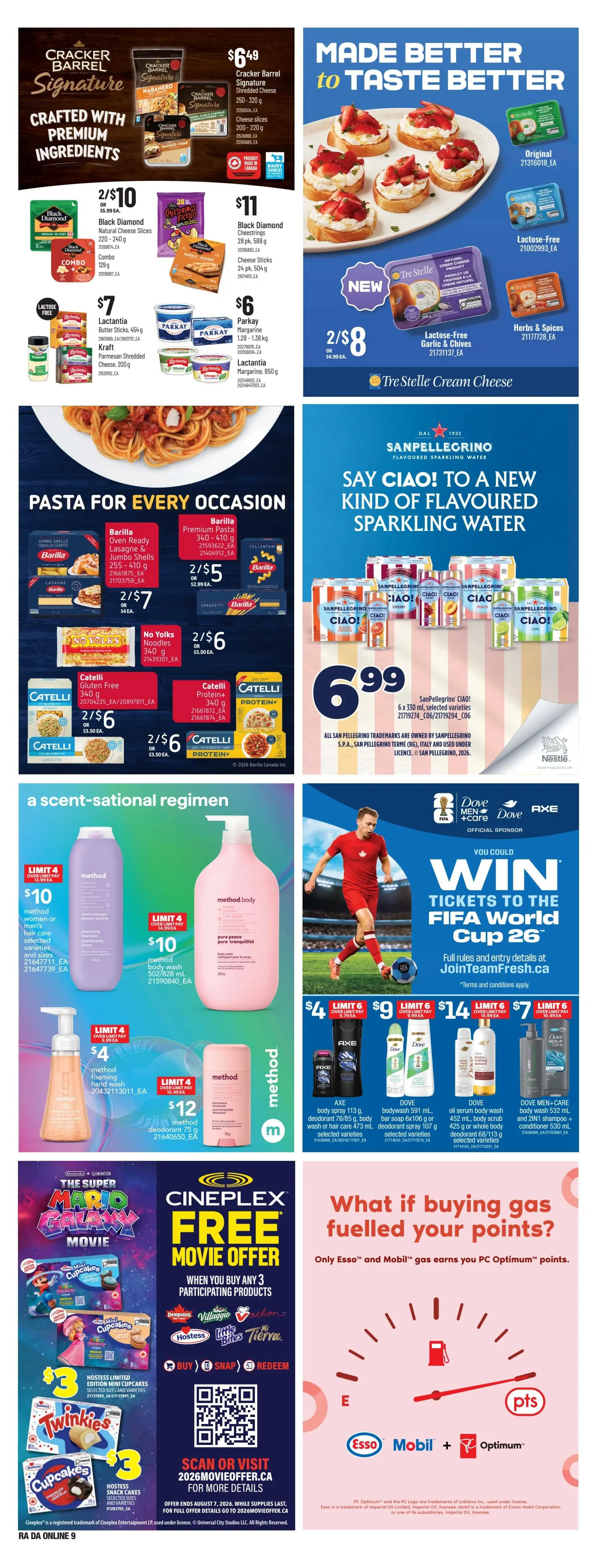 Atlantic Superstore weekly flyer specials page 23 features Cracker Barrel Signature shredded cheese and cheese slices on sale, Kraft Lactantia butter sticks and shredded cheese, and Parkay margarine. Pasta options include Barilla lasagna and jumbo shells, Barilla premium pasta, and No Yolks noodles, all with special pricing. Catelli gluten-free pasta and Catelli protein pasta are also featured. On the right, San Pellegrino Ciao! flavoured sparkling water is advertised with a price of $6.99 for a 6 x 330 ml pack. The page also highlights Method body wash, hand wash, and deodorant with prices starting at $4, and Dove and Axe body care products including body spray, body wash, and shampoo/conditioner with prices starting at $4. A Cineplex free movie offer is available when purchasing 3 participating products, including Hostess limited edition mini cupcakes and Twinkies. Finally, an advertisement explains how buying Esso or Mobil gas earns PC Optimum points.