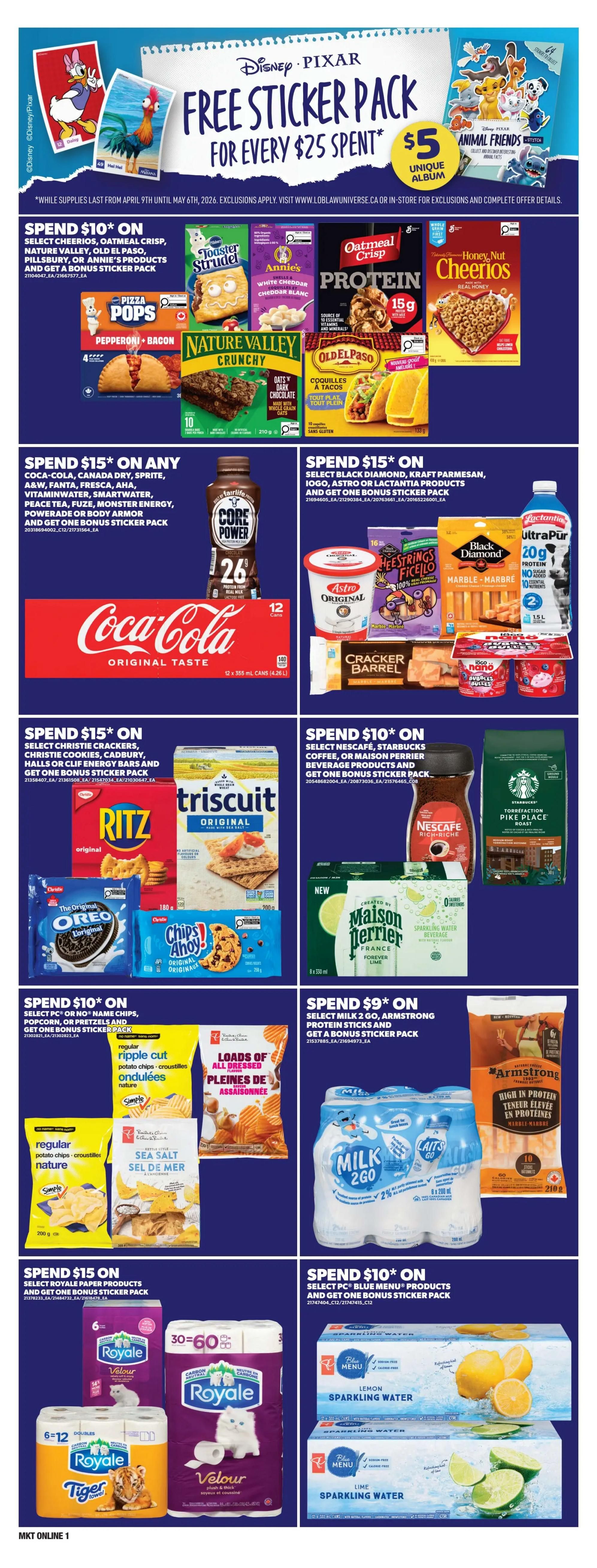 Zehrs weekly flyer specials page 8. Features a Disney Pixar Free Sticker Pack promotion for every $25 spent, with a $5 unique Animal Friends album. Promotions include: Spend $10 on select Cheerios, Oatmeal Crisp, Nature Valley, Pillsbury, or Annie's products to get a bonus sticker pack. Products shown are Pepperoni Bacon Pizza Pops, Nature Valley Crunchy Oats & Honey, Old El Paso Coquilles a Tacos, Toaster Strudel, Annie's White Cheddar Mac & Cheese, Oatmeal Crisp Protein, and Honey Nut Cheerios. Spend $15 on any Coca-Cola, Canada Dry, Sprite, A&W, Fanta, Fresca, AHA, Vitaminwater, Smartwater, Peace Tea, Fuzetea, Monster Energy, Powerade or Body Armor and get one bonus sticker pack, featuring a 12-pack of Coca-Cola Original Taste. Spend $15 on select Black Diamond, Kraft Parmesan, Iogo, Astro or Lactantia products and get one bonus sticker pack, featuring Astro Original yogurt, Black Diamond Marble cheese, and Lactantia Ultra Pur Milk. Spend $15 on Christie Crackers, Christie Cookies, Cadbury, Halls or Clif Energy Bars and get one bonus sticker pack. Spend $10 on select Nescafé, Starbucks Coffee, or Maison Perrier beverage products and get one bonus sticker pack, featuring Nescafé Rich, Starbucks Pike Place Roast, and Maison Perrier Sparkling Water. Spend $10 on select PC or No Name Chips, Popcorn or Pretzels and get one bonus sticker pack, featuring PC Loads of All Dressed Potato Chips and PC Ripple Cut Potato Chips. Spend $9 on select Milk 2 Go, Armstrong Protein Sticks and get a bonus sticker pack, featuring Milk 2 Go Chocolate 2% Milk and Armstrong High in Protein. Spend $15 on select Royale Paper Products and get one bonus sticker pack, featuring Royale Velour toilet paper and Tiger Towels. Spend $10 on select PC Blue Menu products and get one bonus sticker pack, featuring PC Blue Menu Lemon and Lime Sparkling Water.