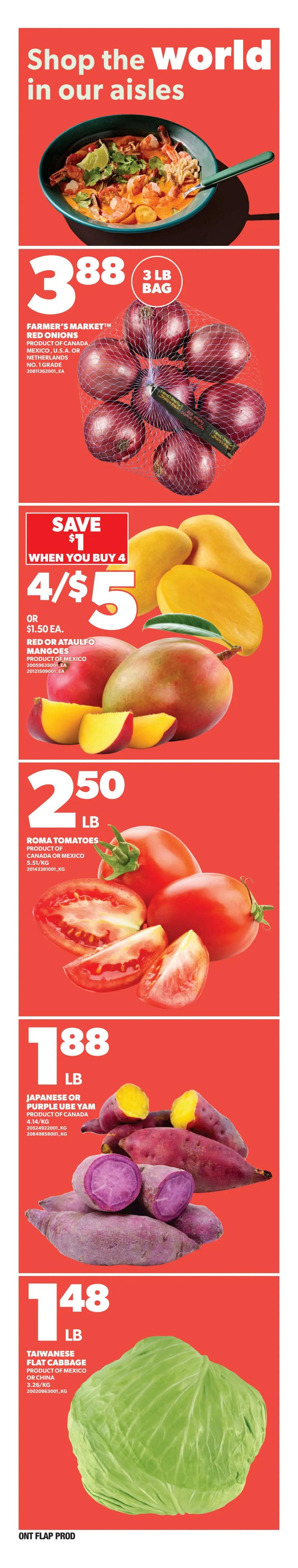 Zehrs weekly flyer specials page 11 features a variety of fresh produce. Pictured is a dish with shrimp and noodles, followed by Farmer's Market Red Onions, sold in a 3 lb bag for $3.88. Red or Ataulfo Mangoes are on sale for 4 for $5, or $1.50 each, with a save $1 offer when you buy 4. Roma Tomatoes are priced at $2.50 per lb. Japanese or Purple Ube Yams are $1.88 per lb. Finally, Taiwanese Flat Cabbage is $1.48 per lb.
